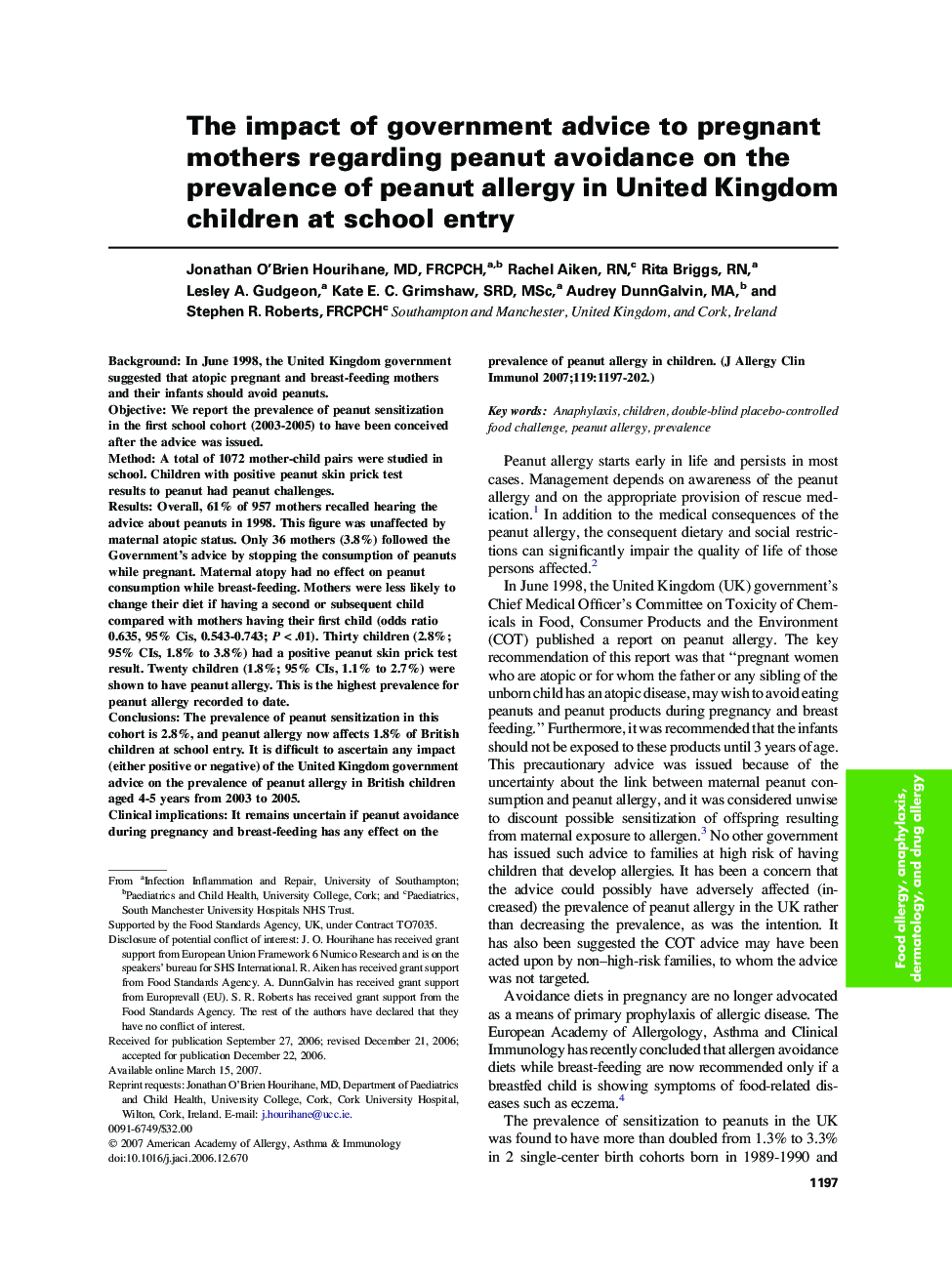 The impact of government advice to pregnant mothers regarding peanut avoidance on the prevalence of peanut allergy in United Kingdom children at school entry 