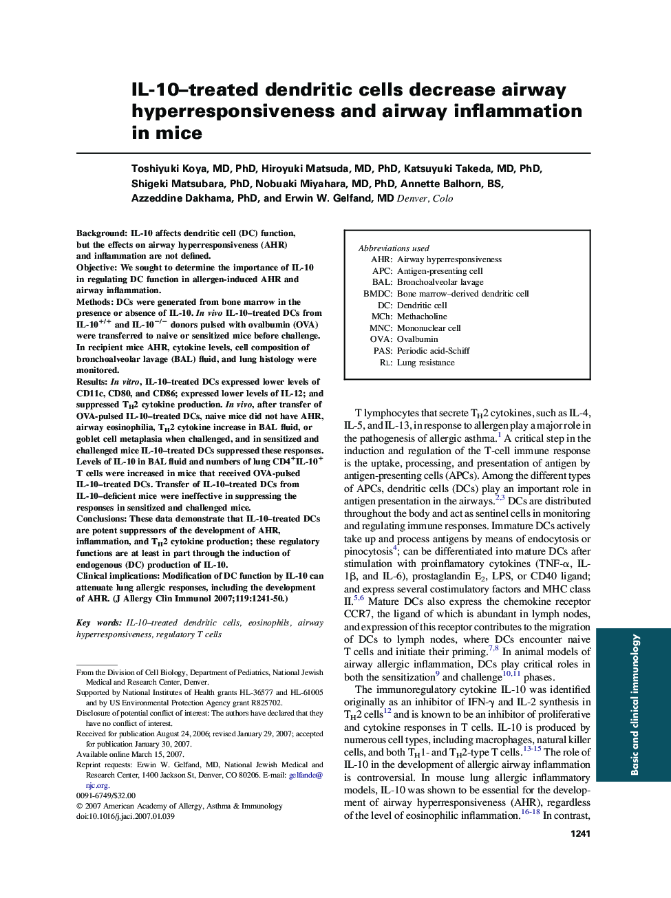 IL-10–treated dendritic cells decrease airway hyperresponsiveness and airway inflammation in mice 