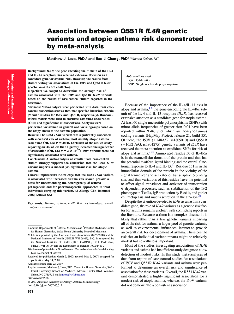 Association between Q551R IL4R genetic variants and atopic asthma risk demonstrated by meta-analysis 