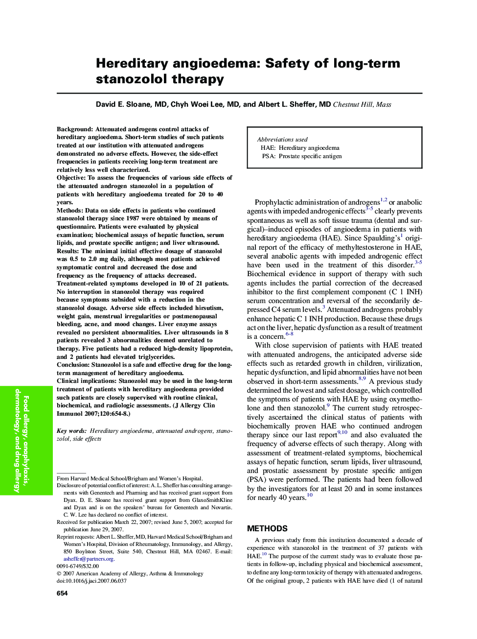 Hereditary angioedema: Safety of long-term stanozolol therapy