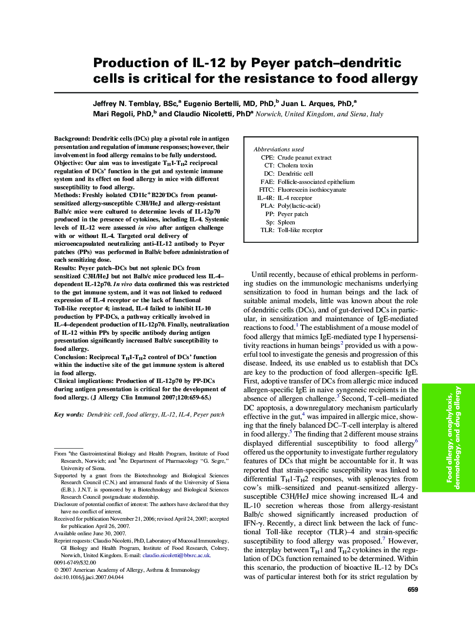 Production of IL-12 by Peyer patch–dendritic cells is critical for the resistance to food allergy 