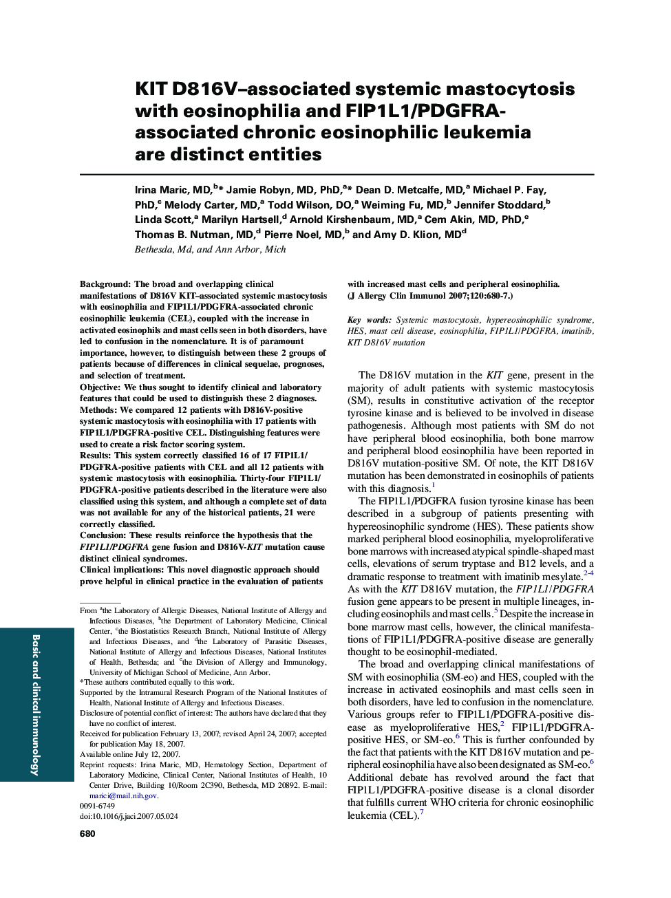 KIT D816V–associated systemic mastocytosis with eosinophilia and FIP1L1/PDGFRA-associated chronic eosinophilic leukemia are distinct entities 