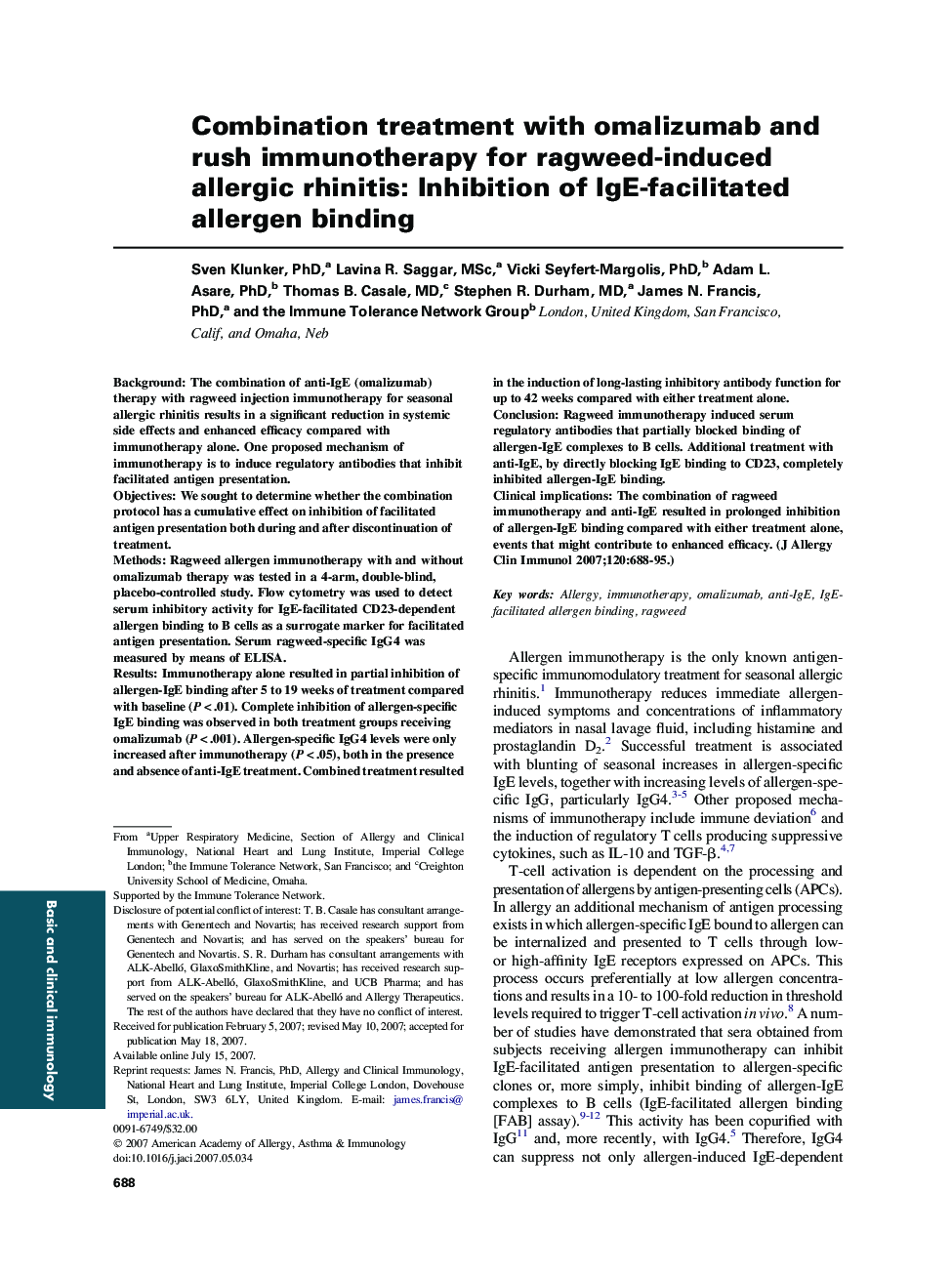 Combination treatment with omalizumab and rush immunotherapy for ragweed-induced allergic rhinitis: Inhibition of IgE-facilitated allergen binding 