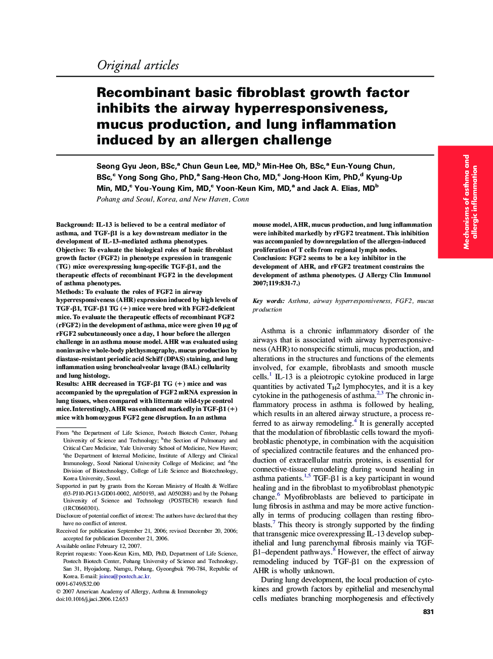 Recombinant basic fibroblast growth factor inhibits the airway hyperresponsiveness, mucus production, and lung inflammation induced by an allergen challenge 