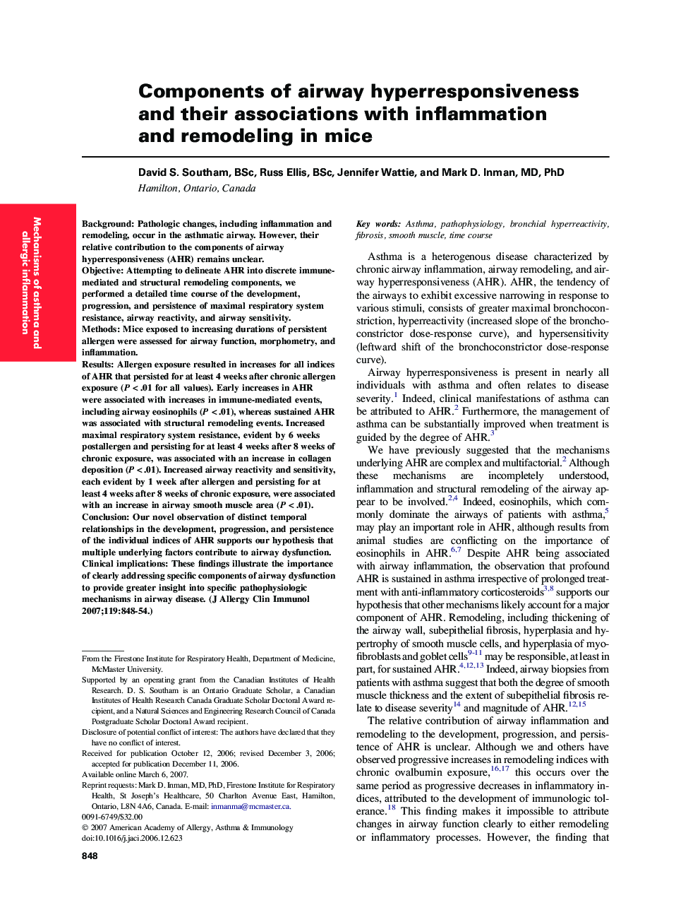 Components of airway hyperresponsiveness and their associations with inflammation and remodeling in mice 