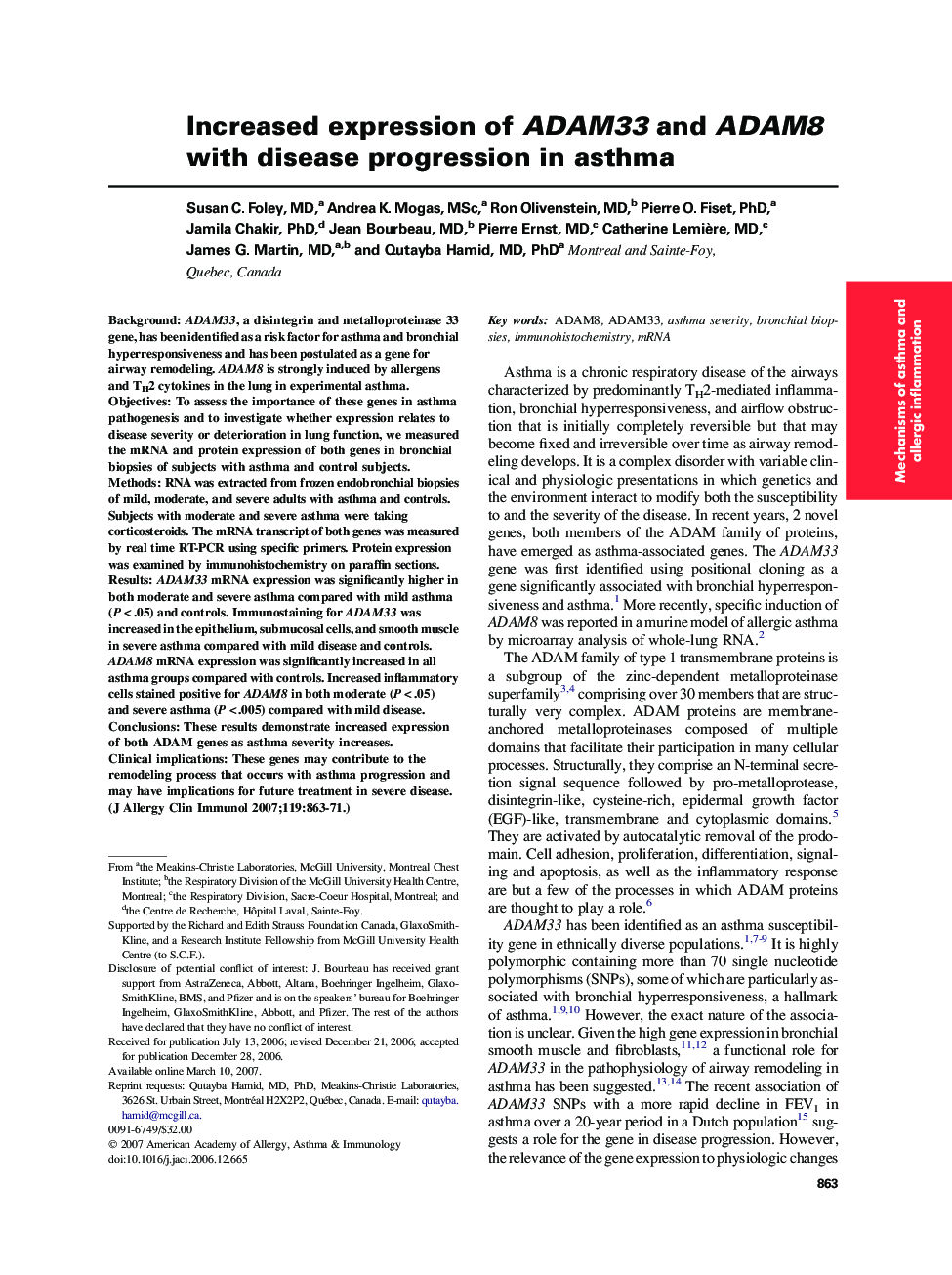 Increased expression of ADAM33 and ADAM8 with disease progression in asthma 