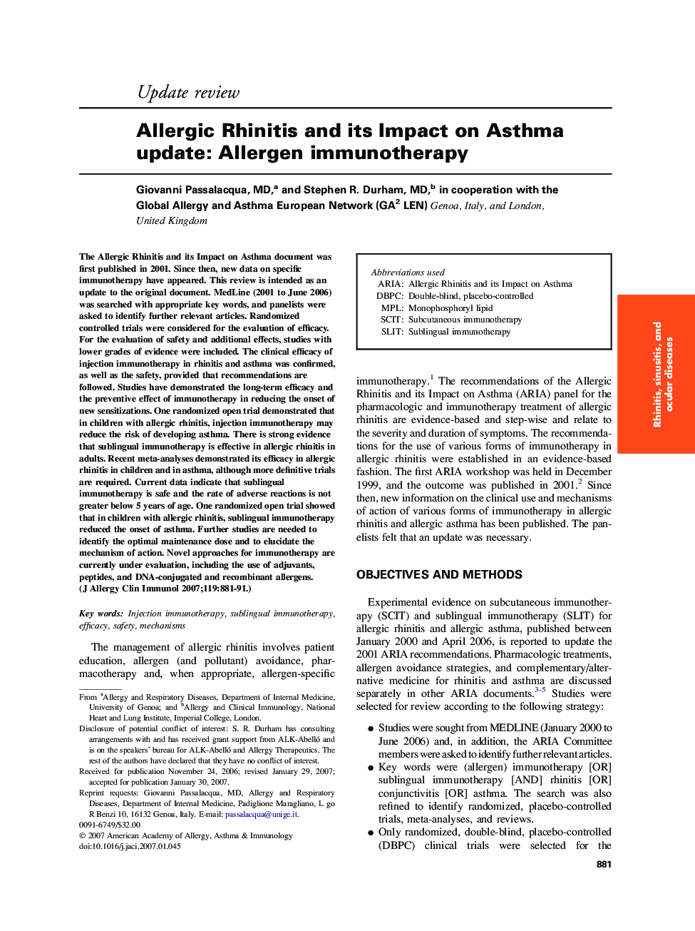 Allergic Rhinitis and its Impact on Asthma update: Allergen immunotherapy 