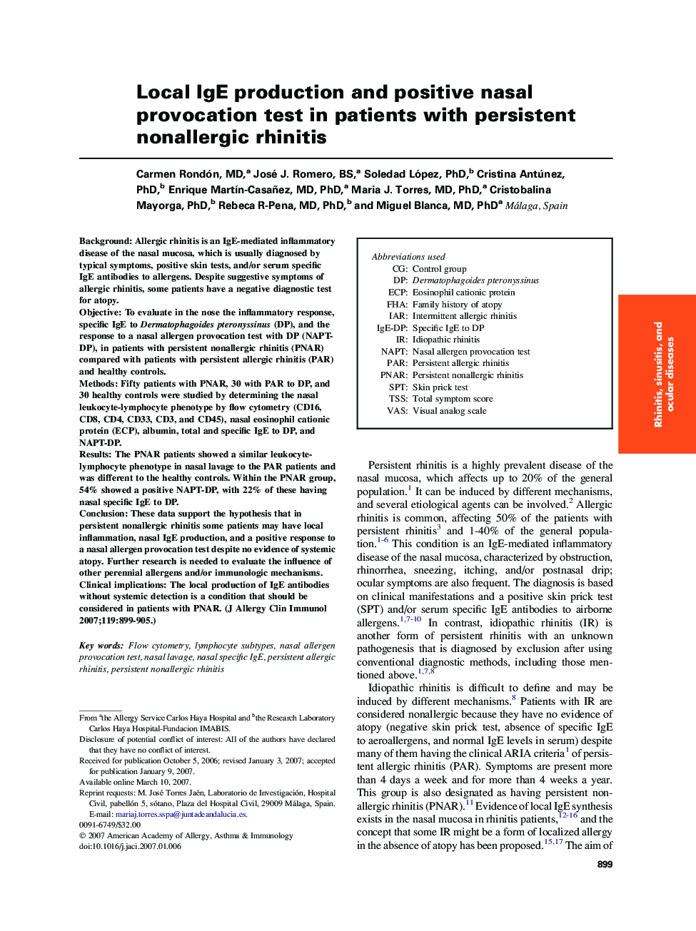 Local IgE production and positive nasal provocation test in patients with persistent nonallergic rhinitis 