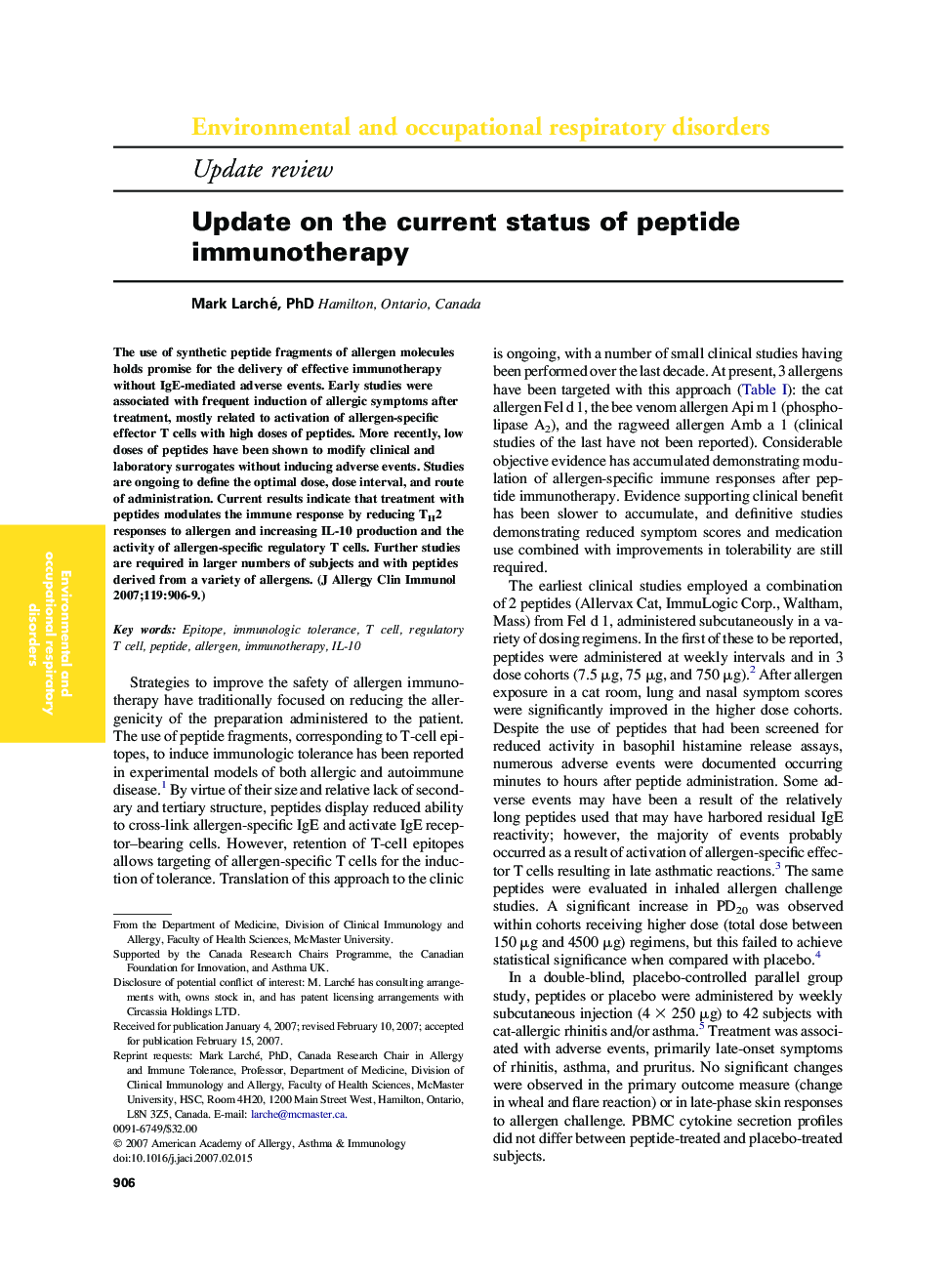 Update on the current status of peptide immunotherapy 