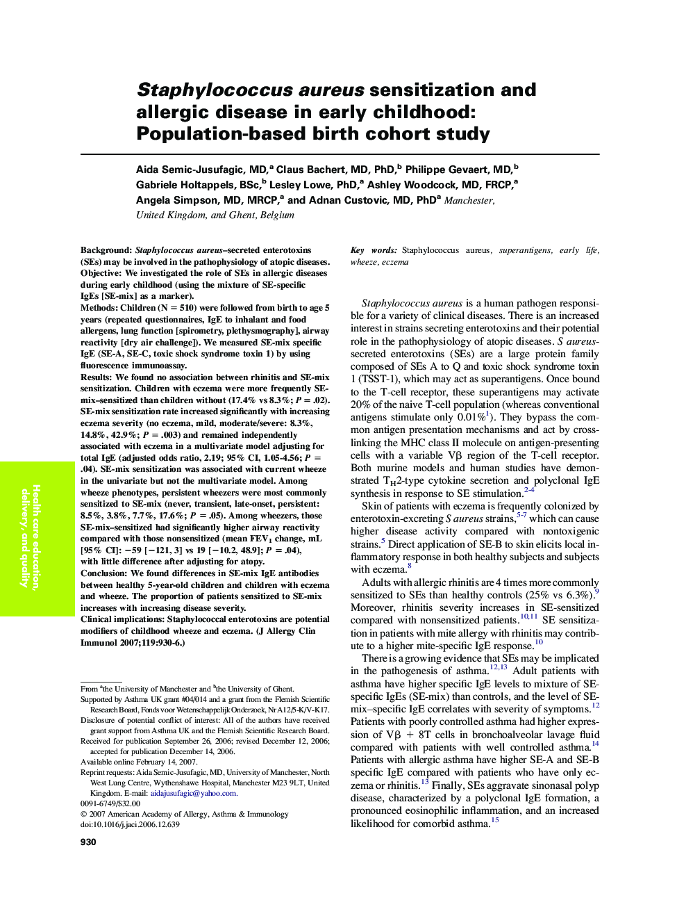 Staphylococcus aureus sensitization and allergic disease in early childhood: Population-based birth cohort study 