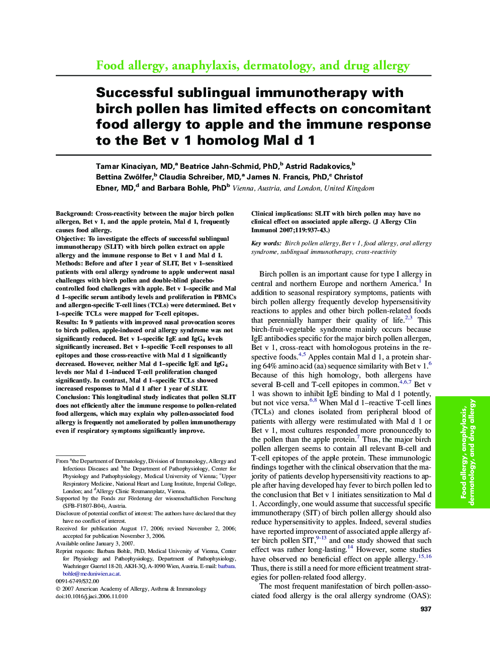 Successful sublingual immunotherapy with birch pollen has limited effects on concomitant food allergy to apple and the immune response to the Bet v 1 homolog Mal d 1 