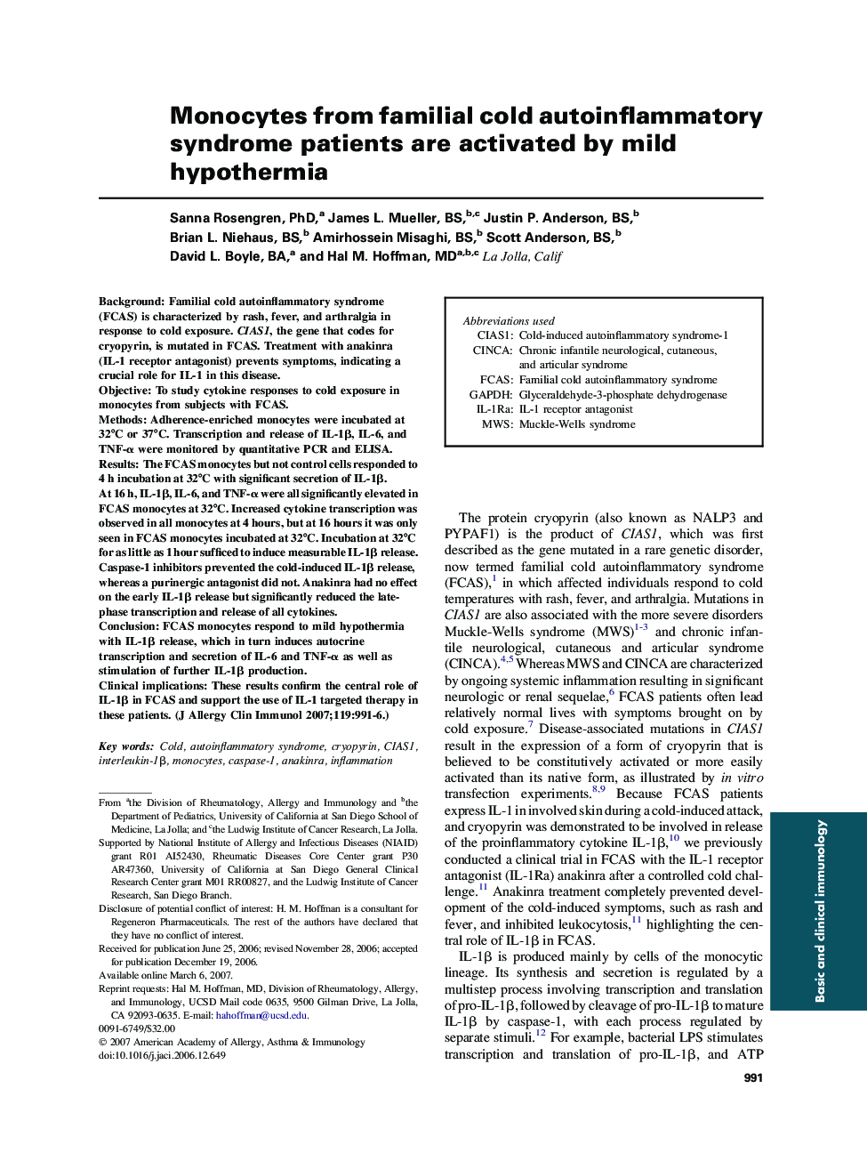 Monocytes from familial cold autoinflammatory syndrome patients are activated by mild hypothermia 