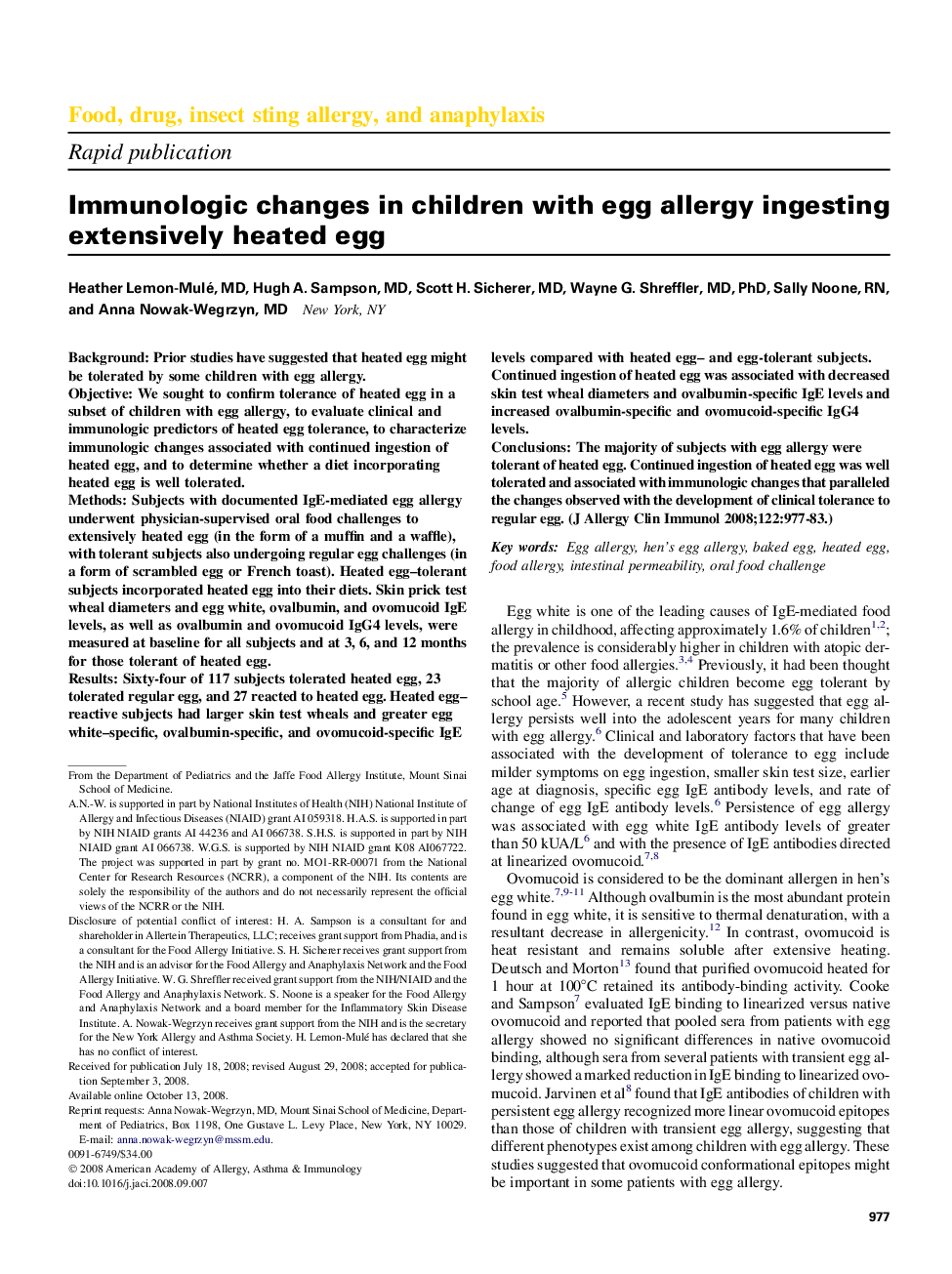 Immunologic changes in children with egg allergy ingesting extensively heated egg