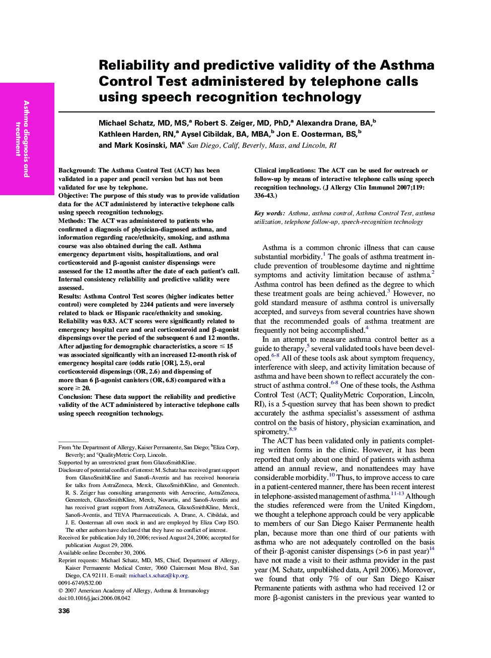 Reliability and predictive validity of the Asthma Control Test administered by telephone calls using speech recognition technology 