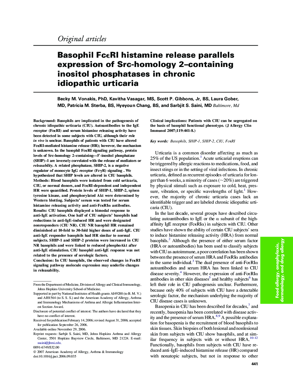 Basophil FcɛRI histamine release parallels expression of Src-homology 2–containing inositol phosphatases in chronic idiopathic urticaria 