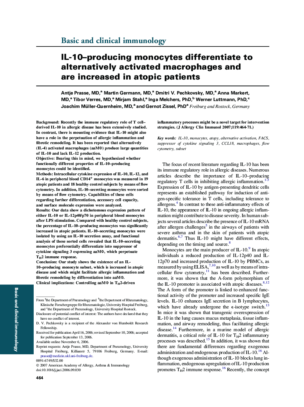 IL-10–producing monocytes differentiate to alternatively activated macrophages and are increased in atopic patients 