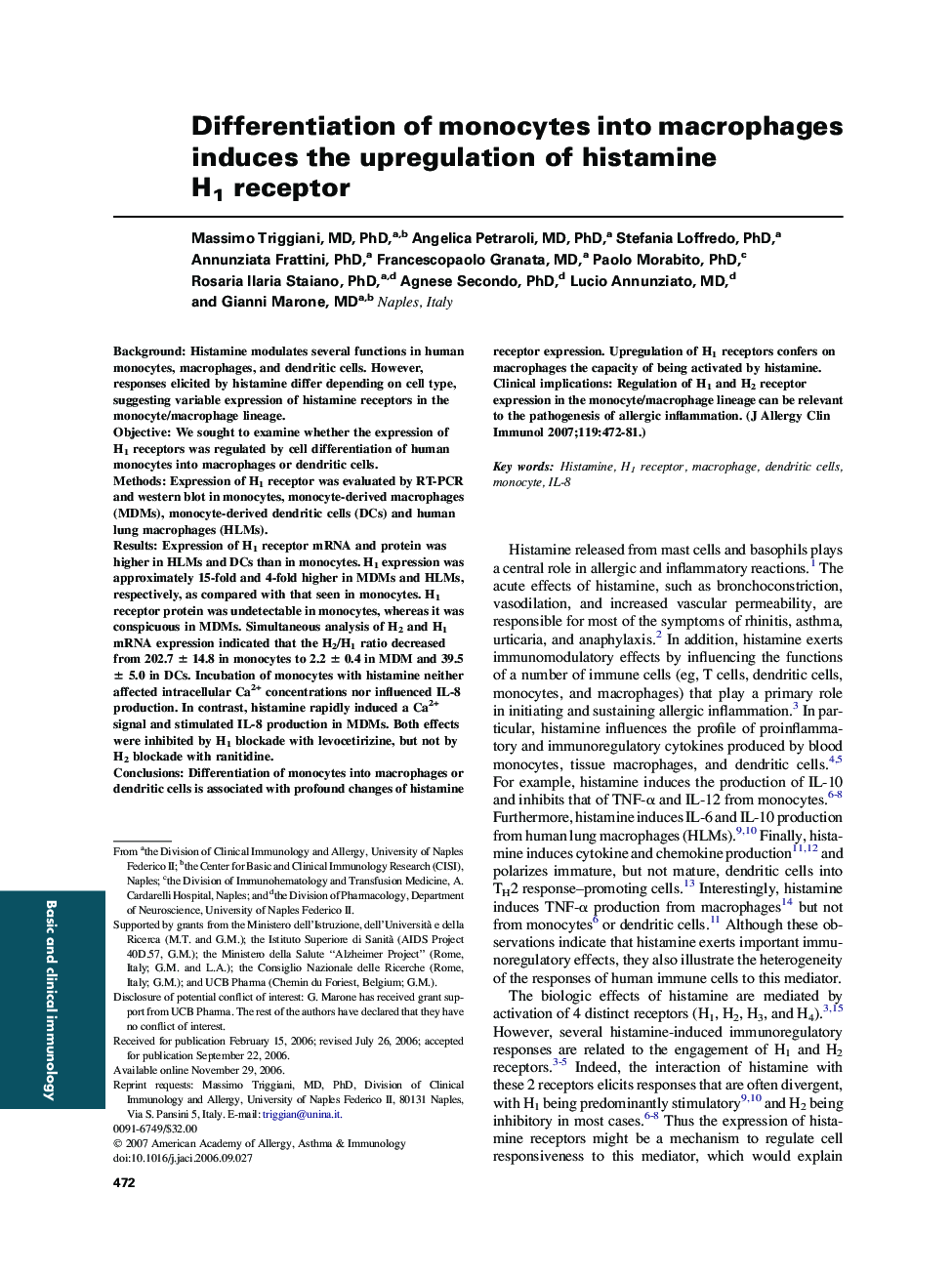 Differentiation of monocytes into macrophages induces the upregulation of histamine H1 receptor 