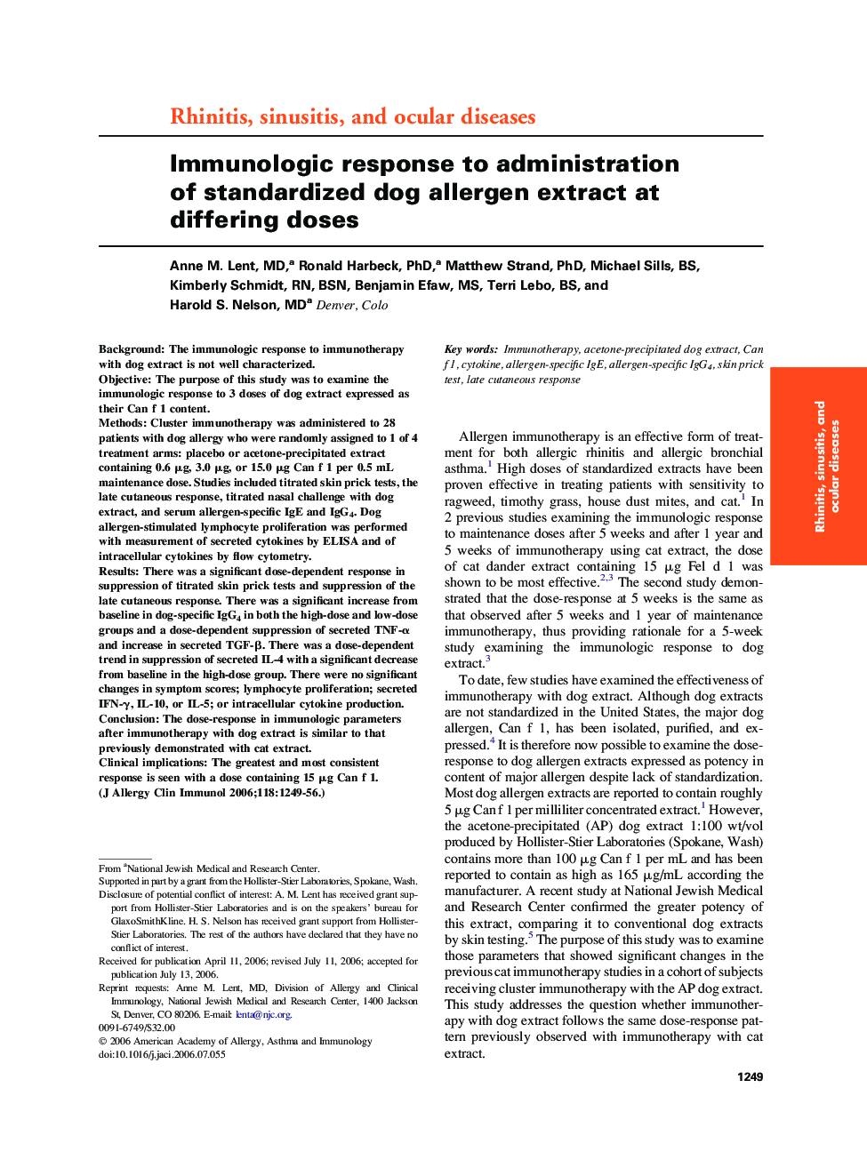 Immunologic response to administration of standardized dog allergen extract at differing doses 