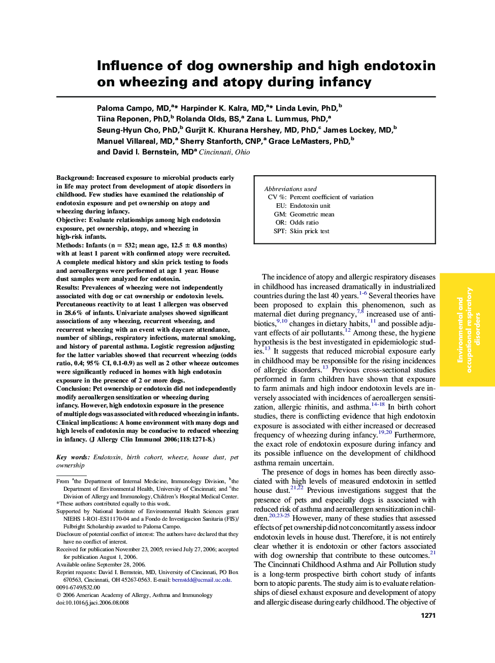 Influence of dog ownership and high endotoxin on wheezing and atopy during infancy 