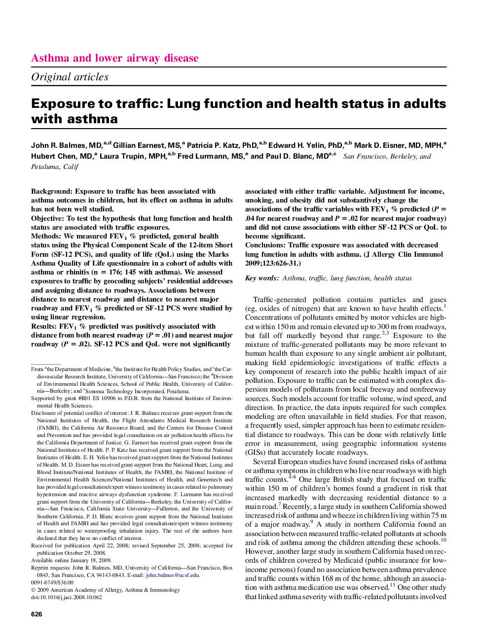 Exposure to traffic: Lung function and health status in adults with asthma 