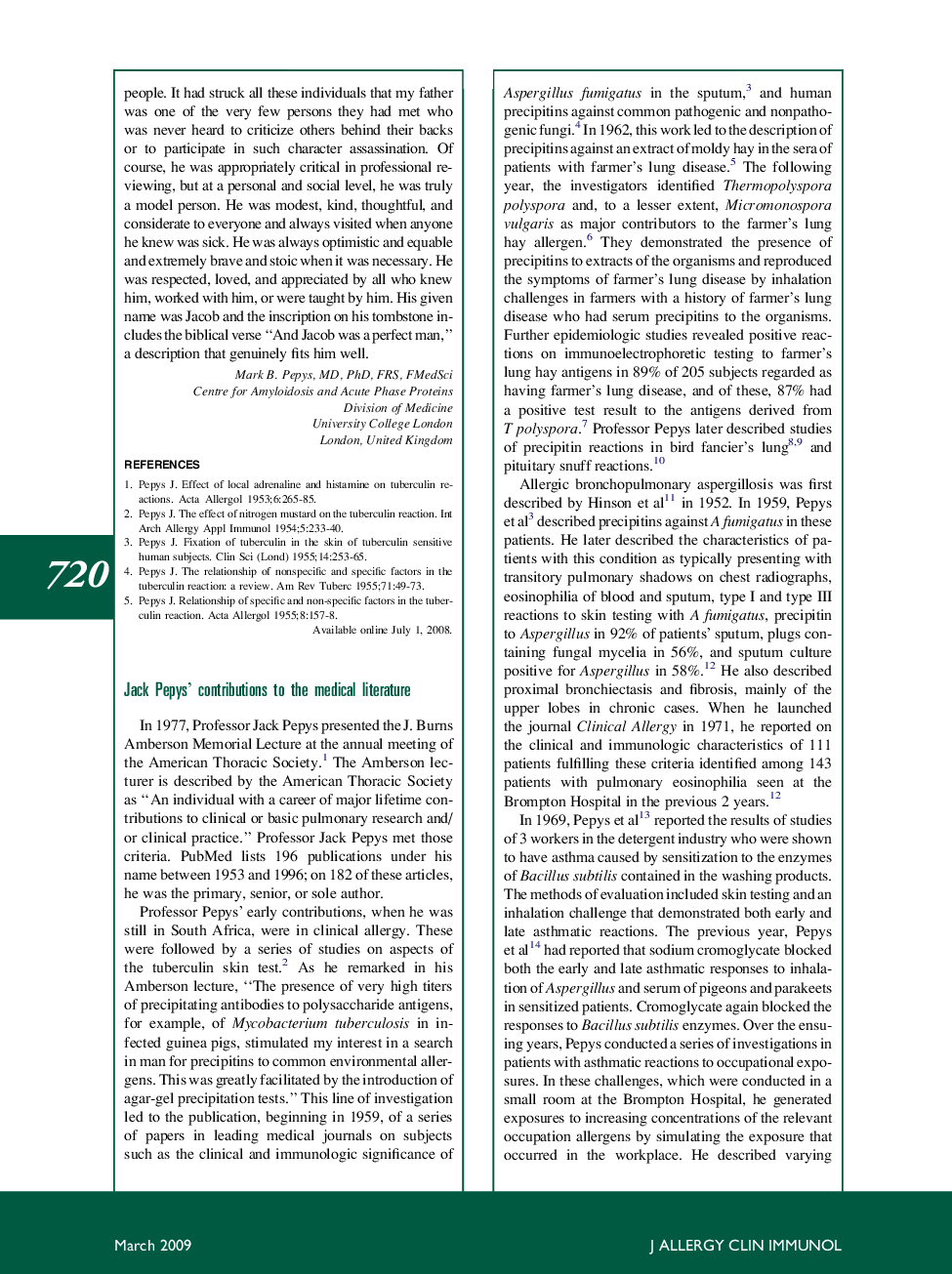 Jack Pepys' contributions to the medical literature