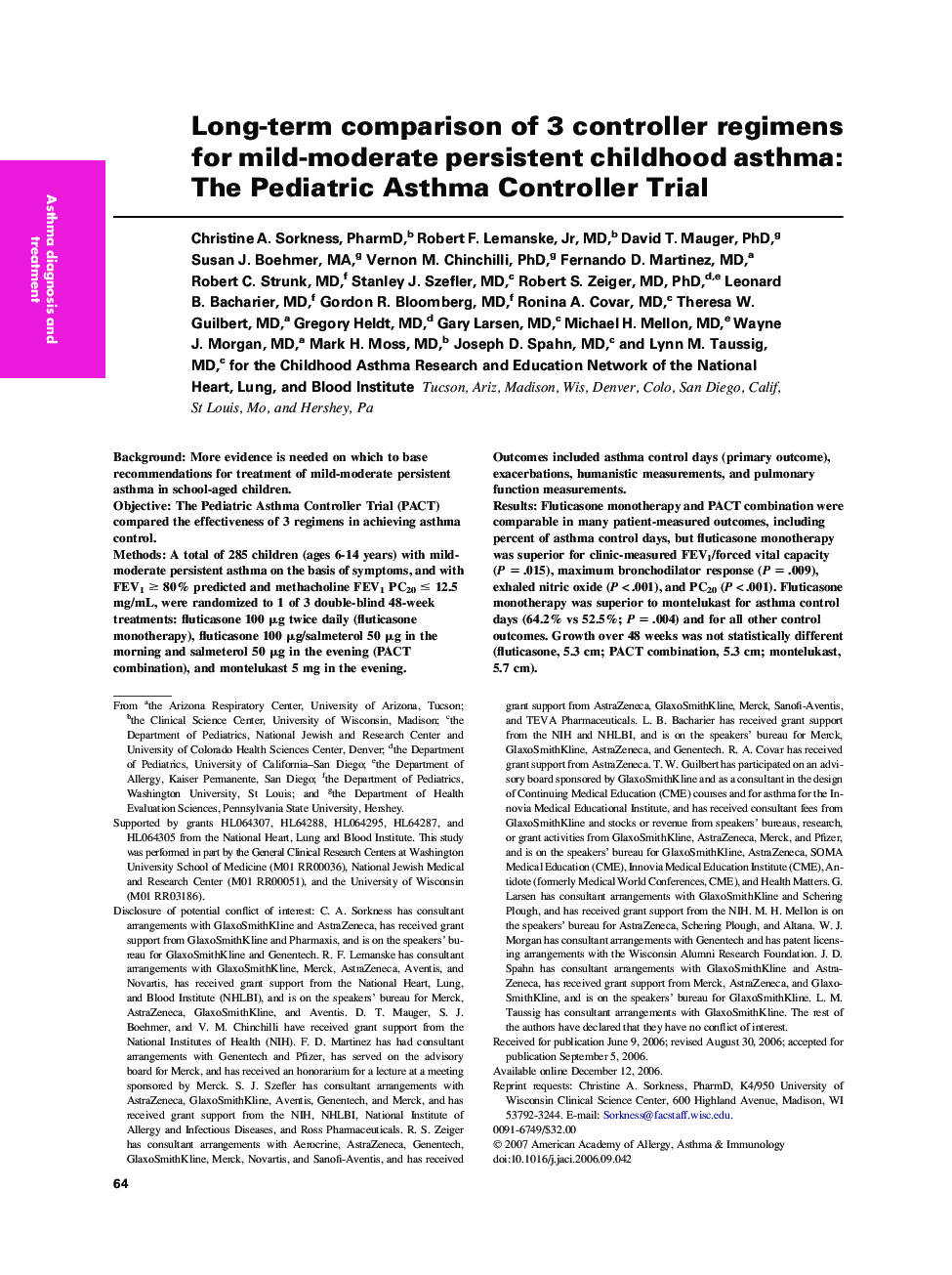 Long-term comparison of 3 controller regimens for mild-moderate persistent childhood asthma: The Pediatric Asthma Controller Trial 