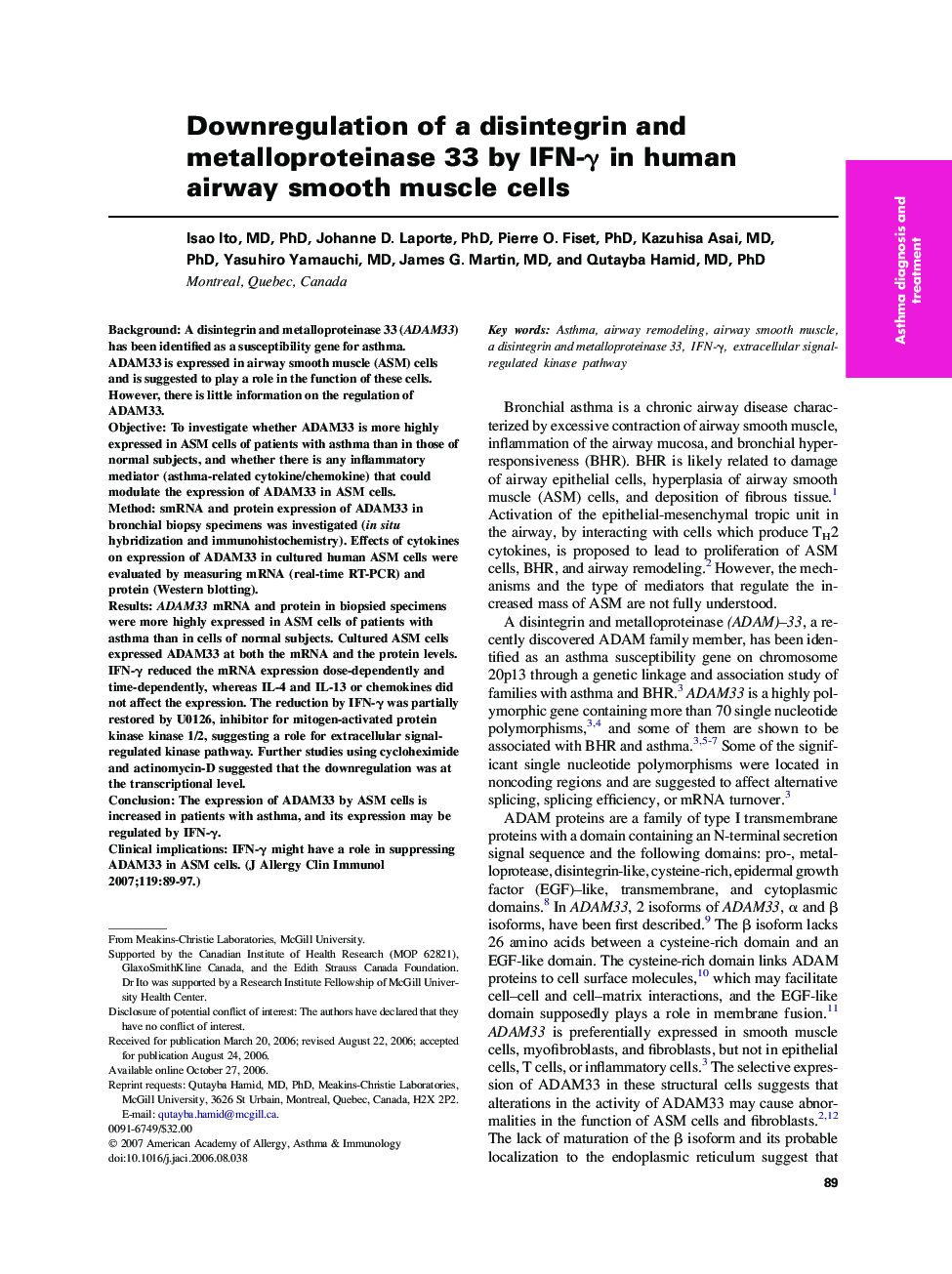 Downregulation of a disintegrin and metalloproteinase 33 by IFN-γ in human airway smooth muscle cells 