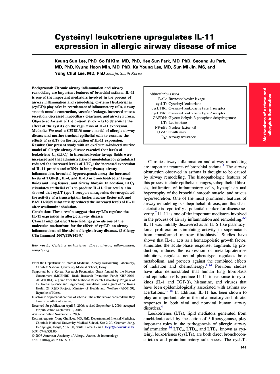 Cysteinyl leukotriene upregulates IL-11 expression in allergic airway disease of mice 