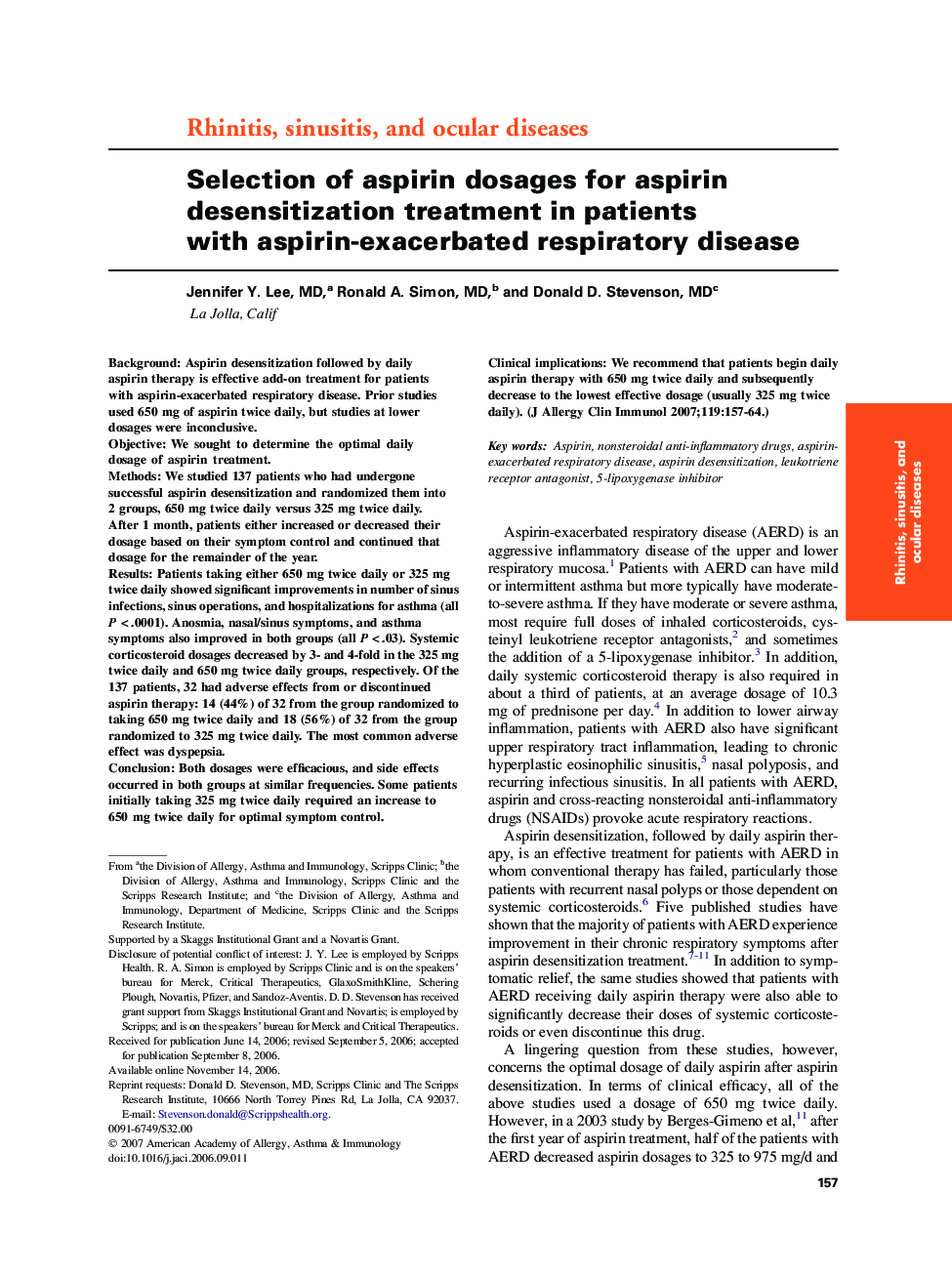 Selection of aspirin dosages for aspirin desensitization treatment in patients with aspirin-exacerbated respiratory disease 