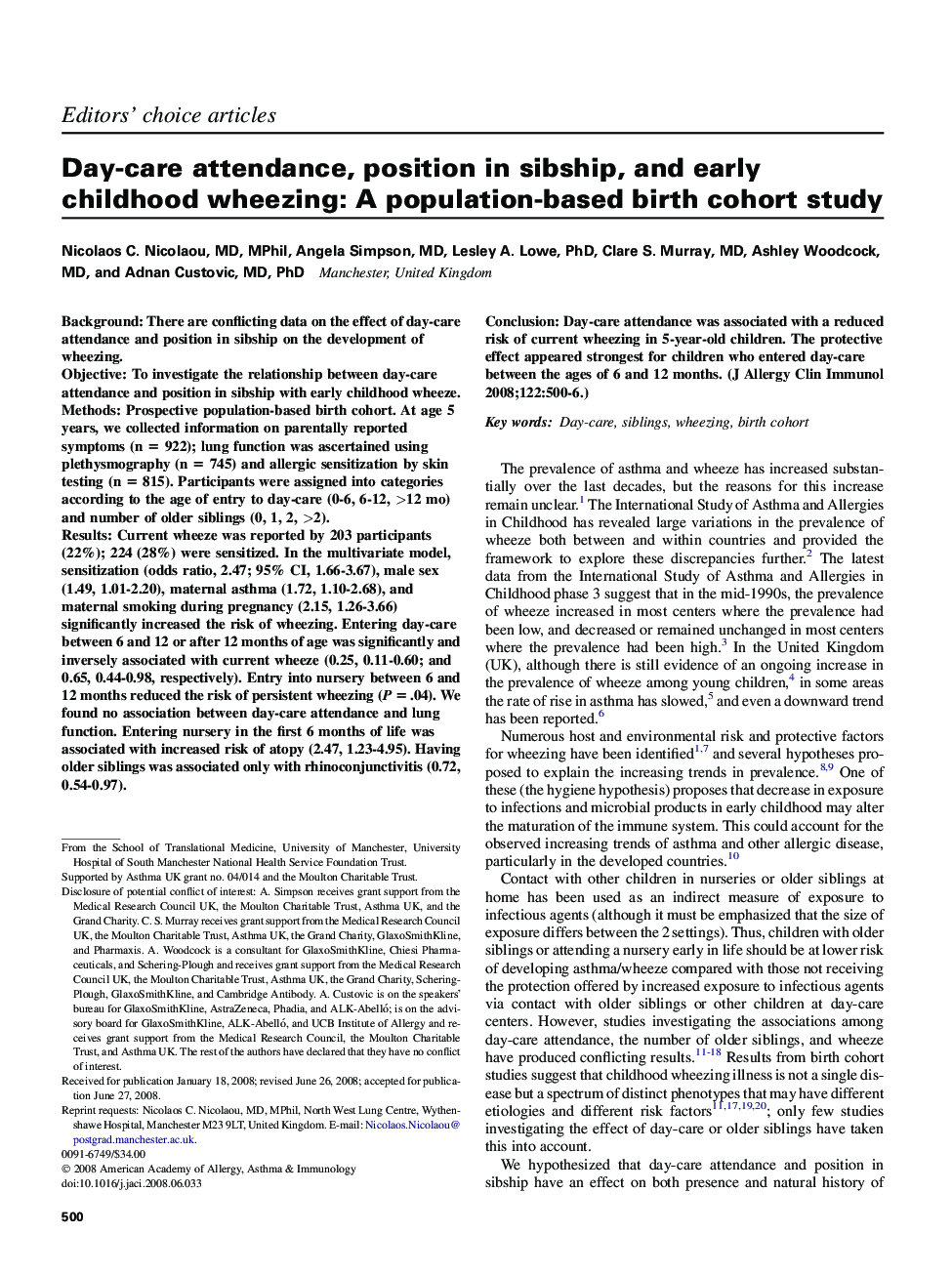 Day-care attendance, position in sibship, and early childhood wheezing: A population-based birth cohort study