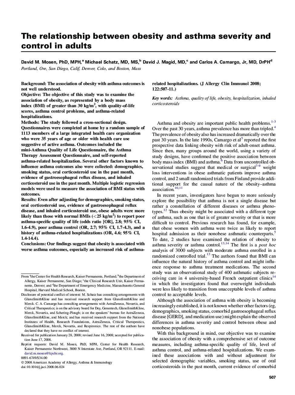 The relationship between obesity and asthma severity and control in adults