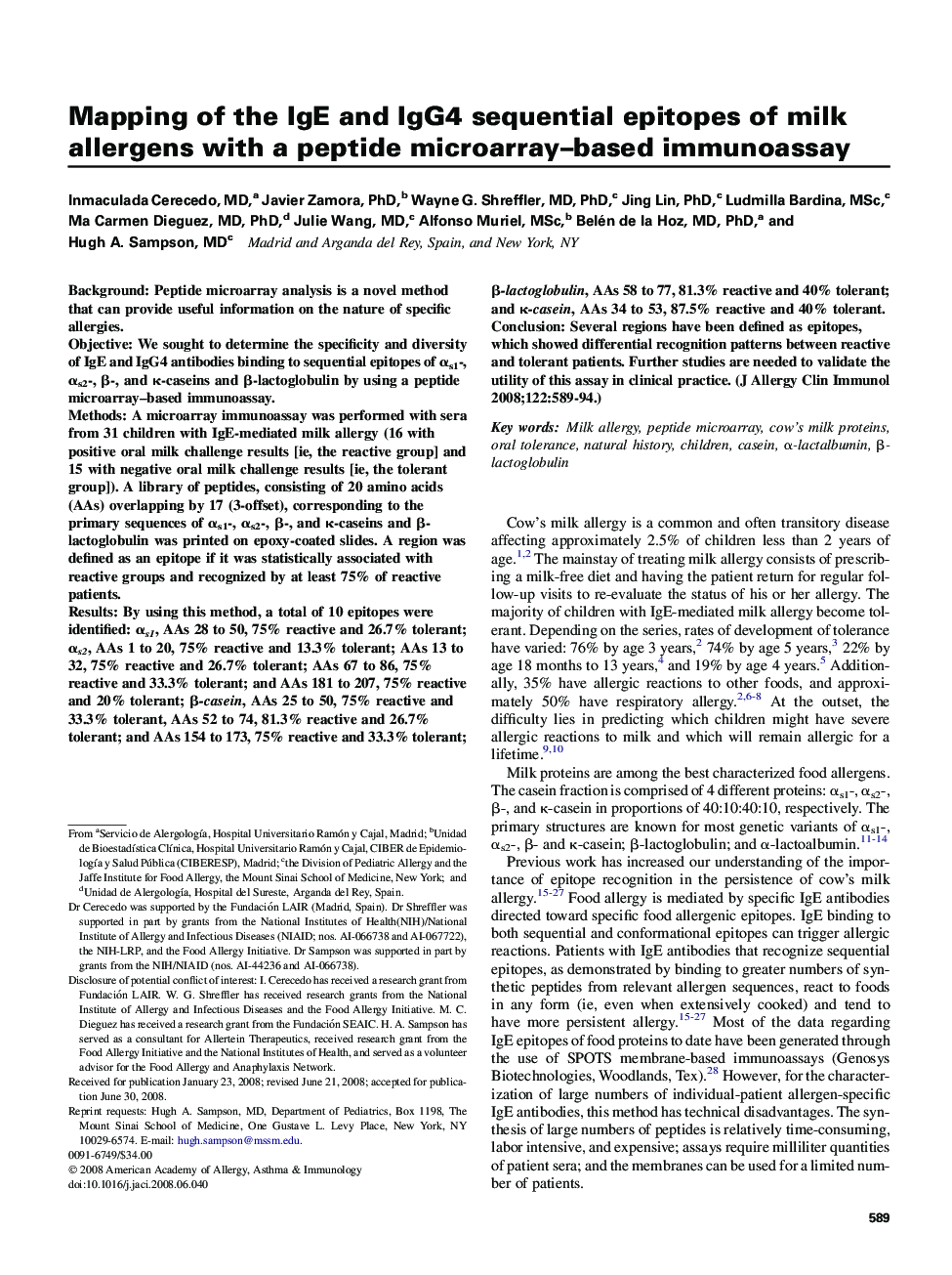 Mapping of the IgE and IgG4 sequential epitopes of milk allergens with a peptide microarray–based immunoassay 