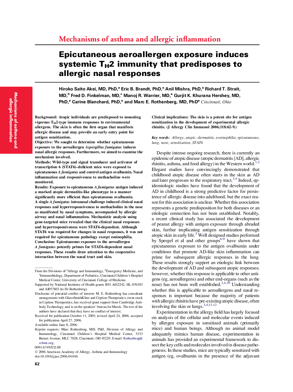 Epicutaneous aeroallergen exposure induces systemic TH2 immunity that predisposes to allergic nasal responses 