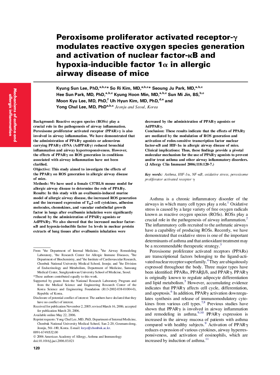 Peroxisome proliferator activated receptor-γ modulates reactive oxygen species generation and activation of nuclear factor-κB and hypoxia-inducible factor 1α in allergic airway disease of mice 