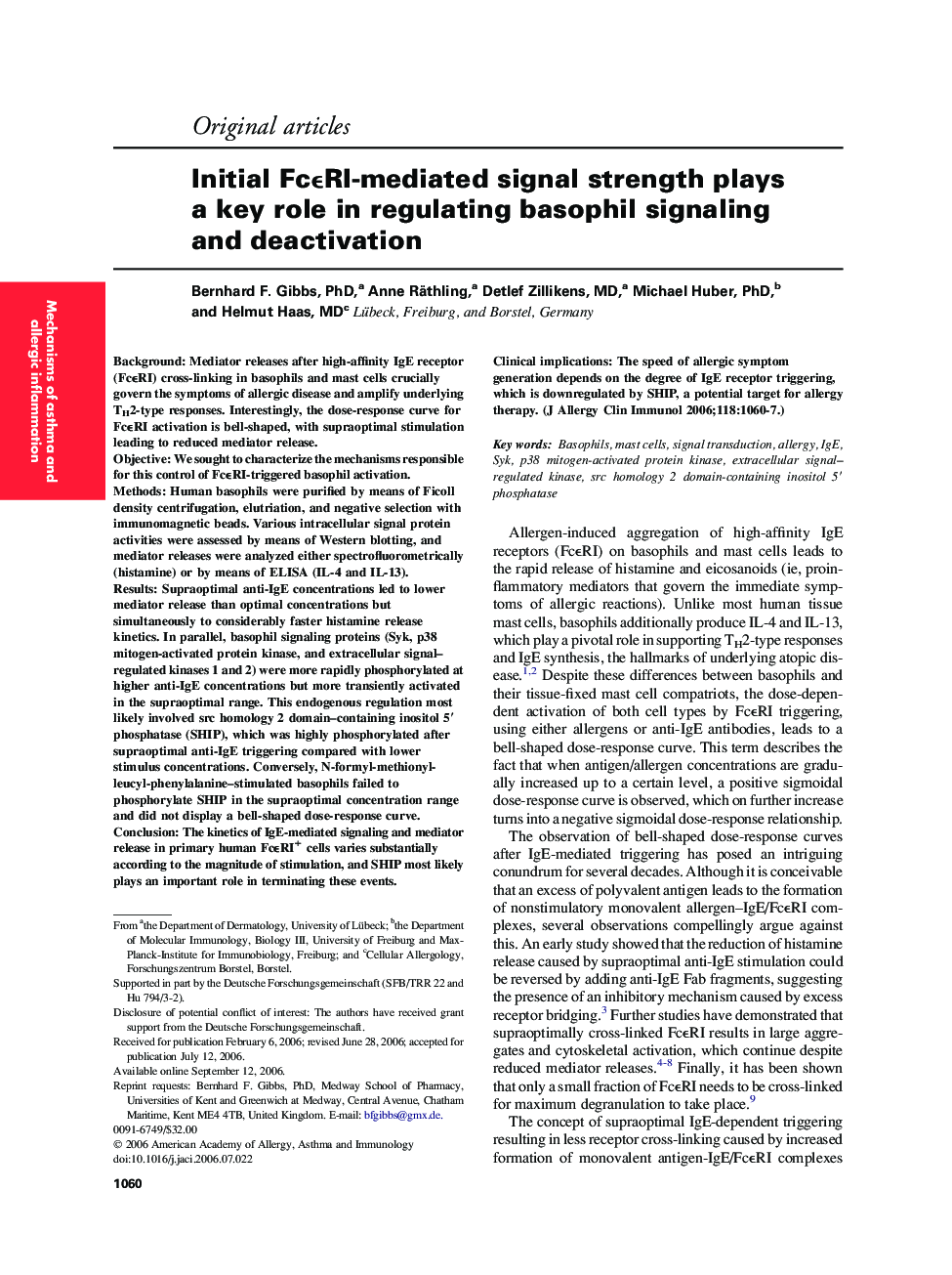 Initial FcɛRI-mediated signal strength plays a key role in regulating basophil signaling and deactivation 