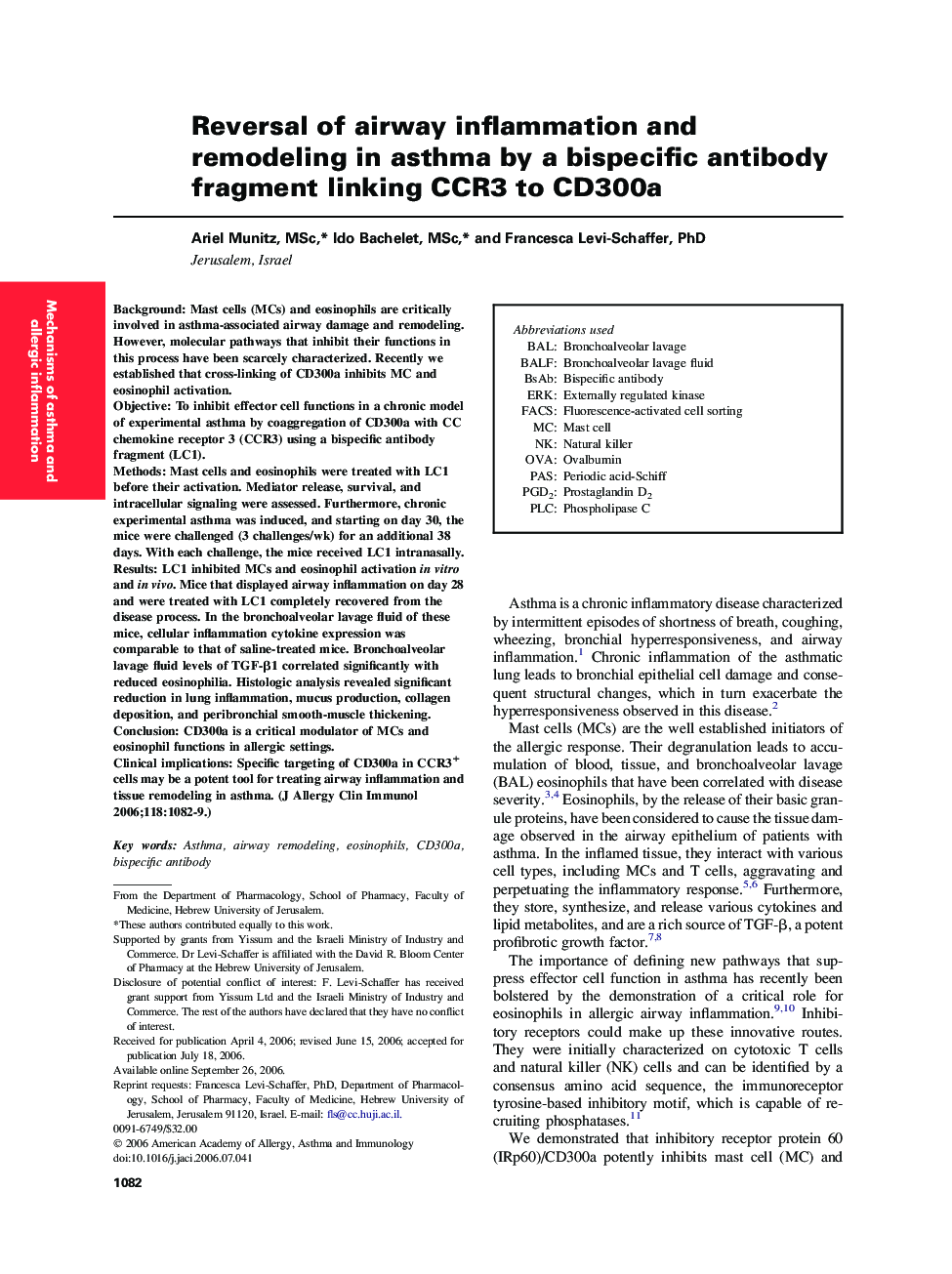 Reversal of airway inflammation and remodeling in asthma by a bispecific antibody fragment linking CCR3 to CD300a 