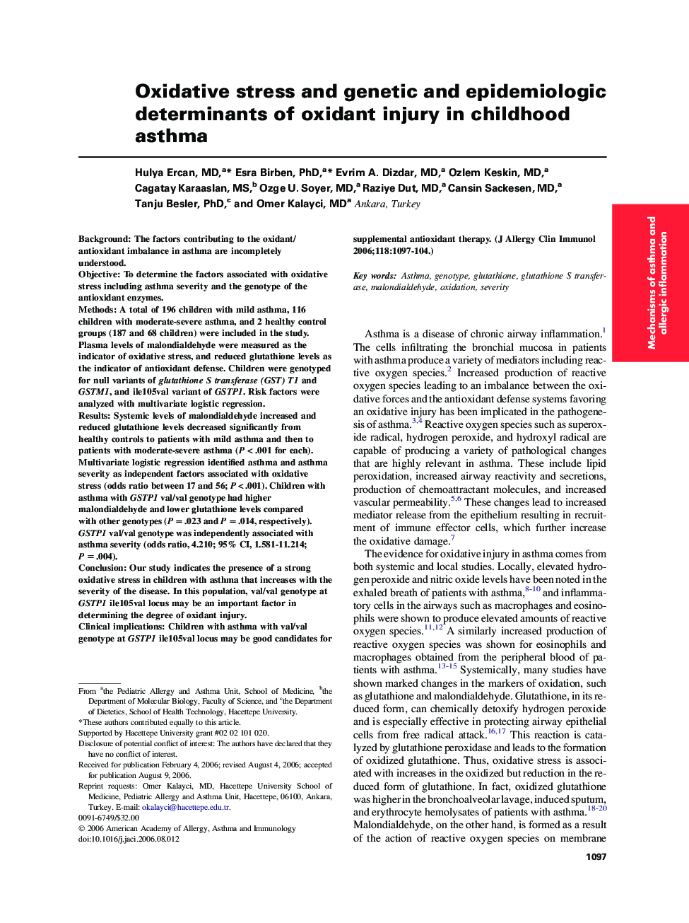 Oxidative stress and genetic and epidemiologic determinants of oxidant injury in childhood asthma 