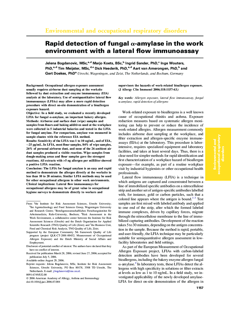 Rapid detection of fungal Î±-amylase in the work environment with a lateral flow immunoassay