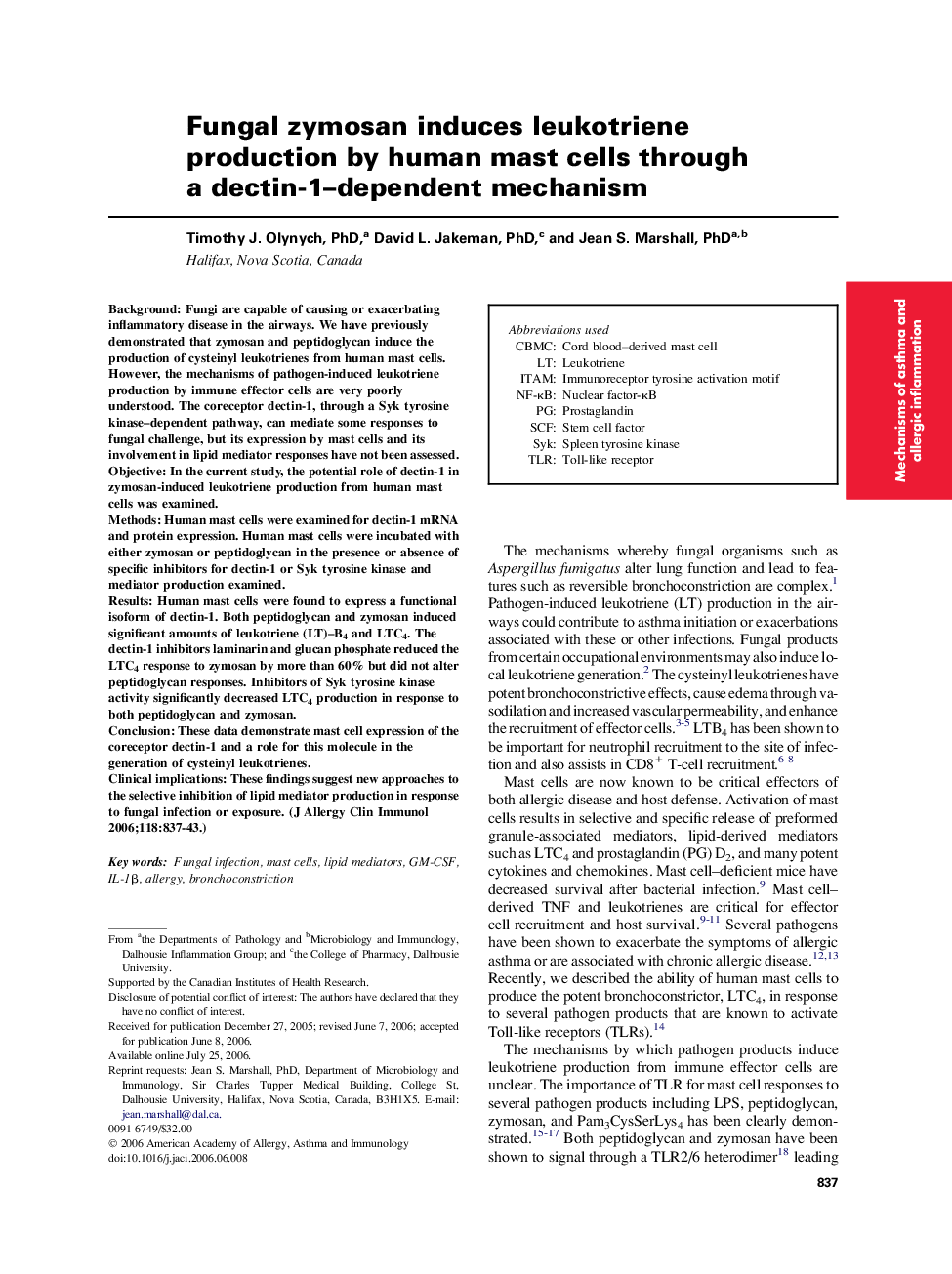 Fungal zymosan induces leukotriene production by human mast cells through a dectin-1–dependent mechanism 