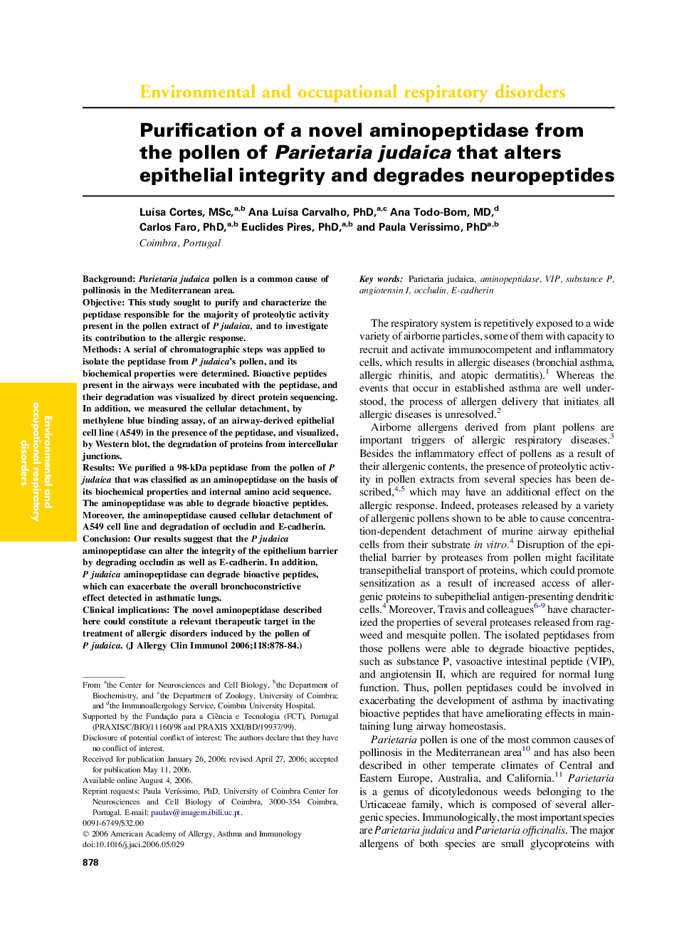 Purification of a novel aminopeptidase from the pollen of Parietaria judaica that alters epithelial integrity and degrades neuropeptides 