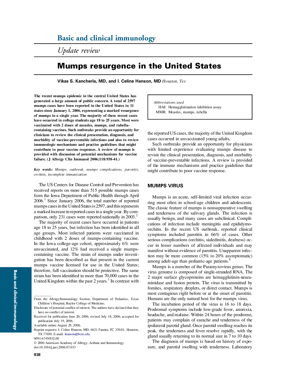 Mumps resurgence in the United States 