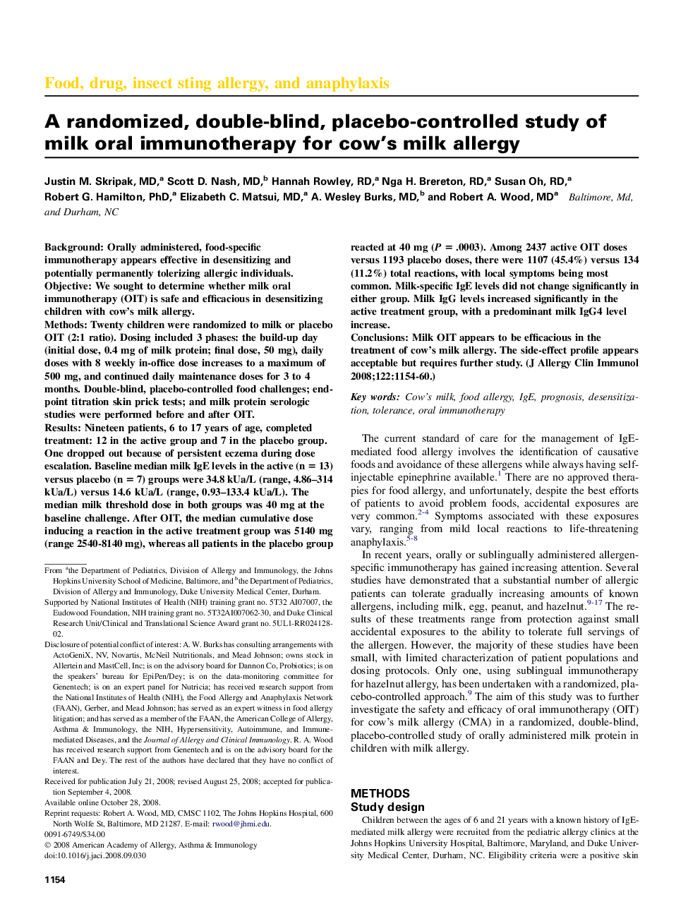 A randomized, double-blind, placebo-controlled study of milk oral immunotherapy for cow's milk allergy 