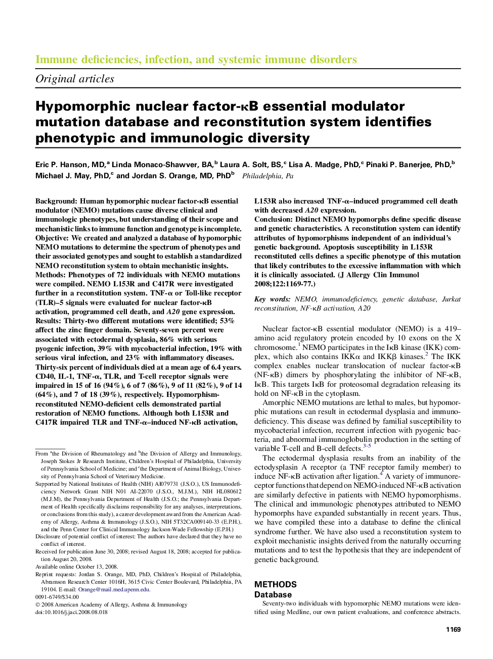 Hypomorphic nuclear factor-ÎºB essential modulator mutation database and reconstitution system identifies phenotypic and immunologic diversity