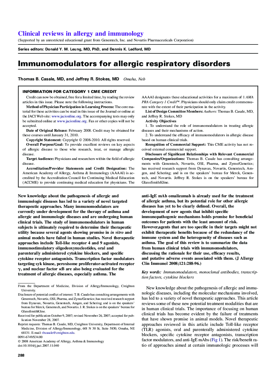 Immunomodulators for allergic respiratory disorders 