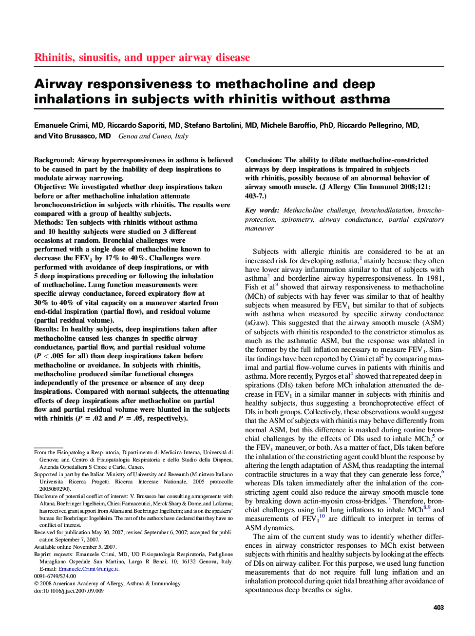 Airway responsiveness to methacholine and deep inhalations in subjects with rhinitis without asthma 