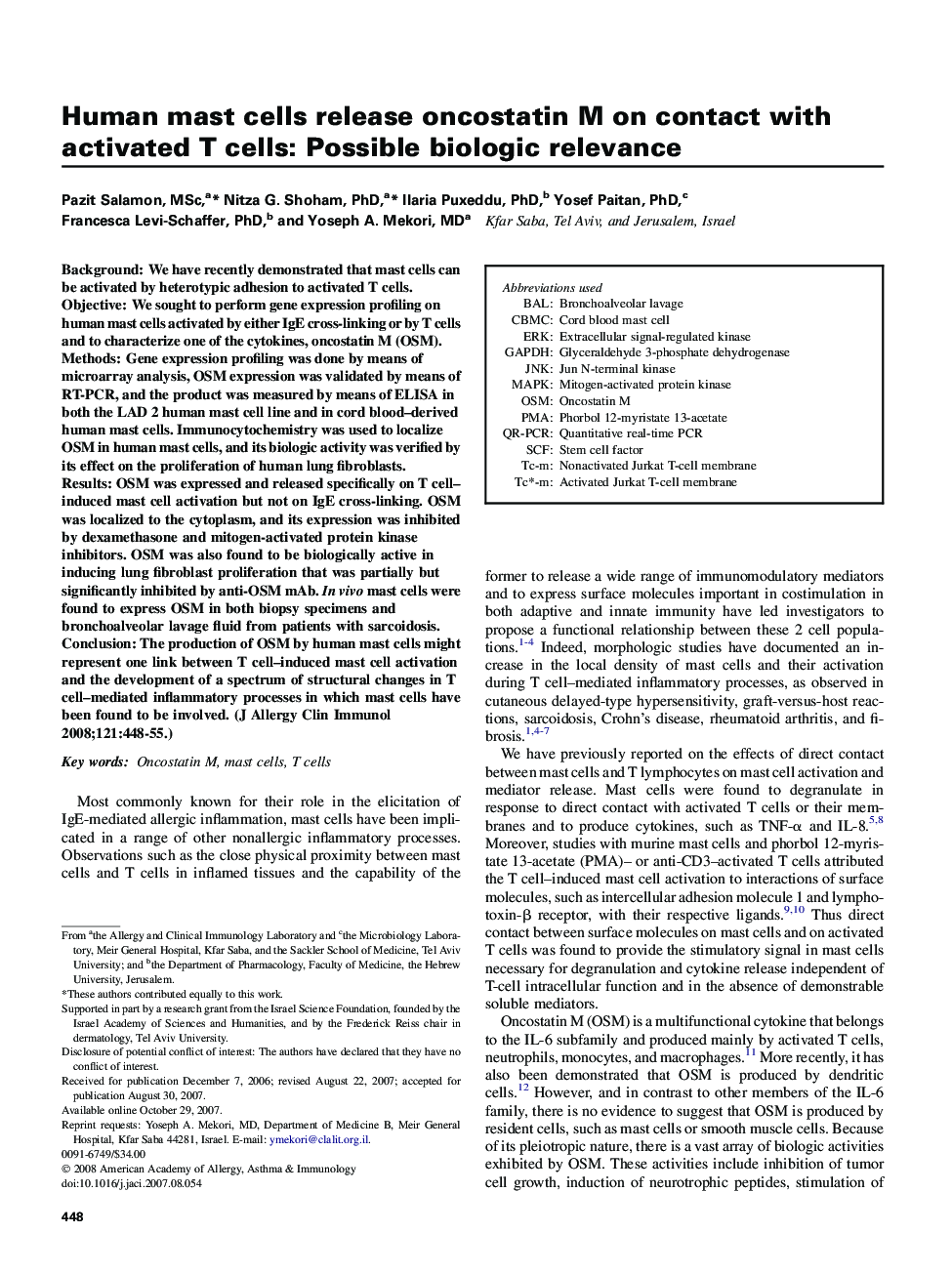 Human mast cells release oncostatin M on contact with activated T cells: Possible biologicÂ relevance