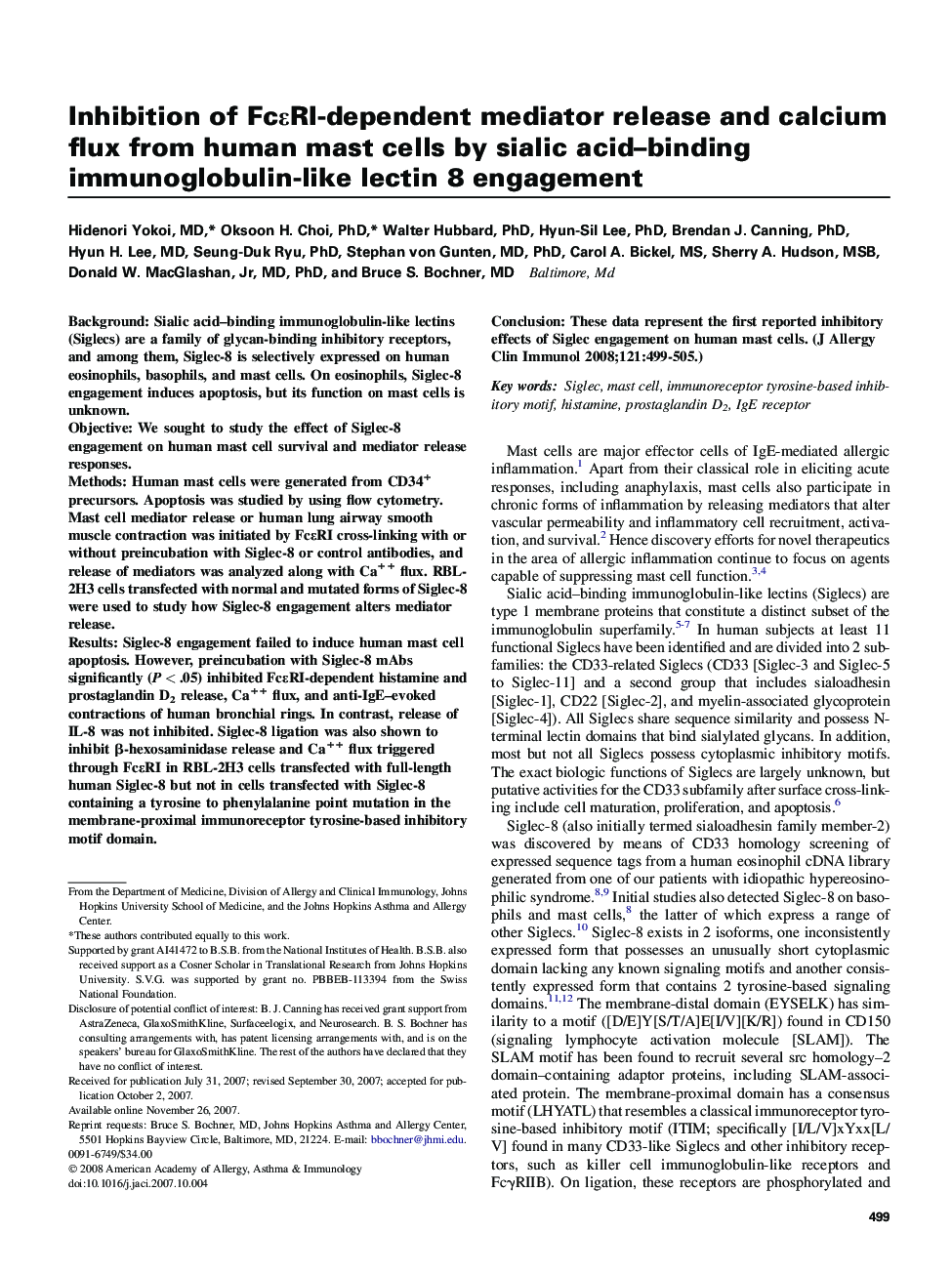 Inhibition of FcÎµRI-dependent mediator release and calcium flux from human mast cells by sialic acid-binding immunoglobulin-like lectin 8 engagement