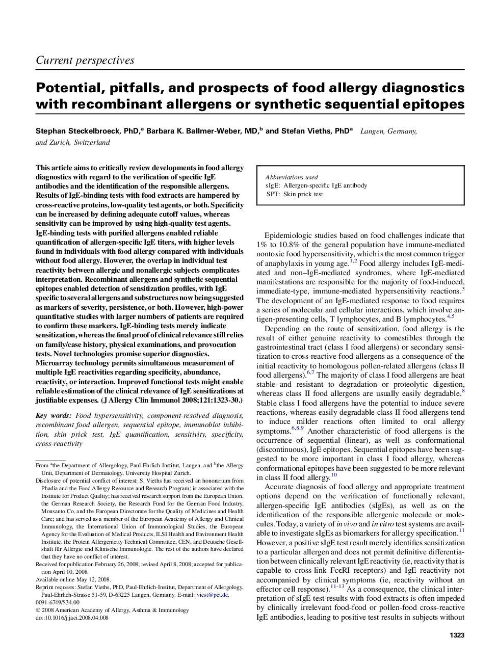 Potential, pitfalls, and prospects of food allergy diagnostics with recombinant allergens or synthetic sequential epitopes 