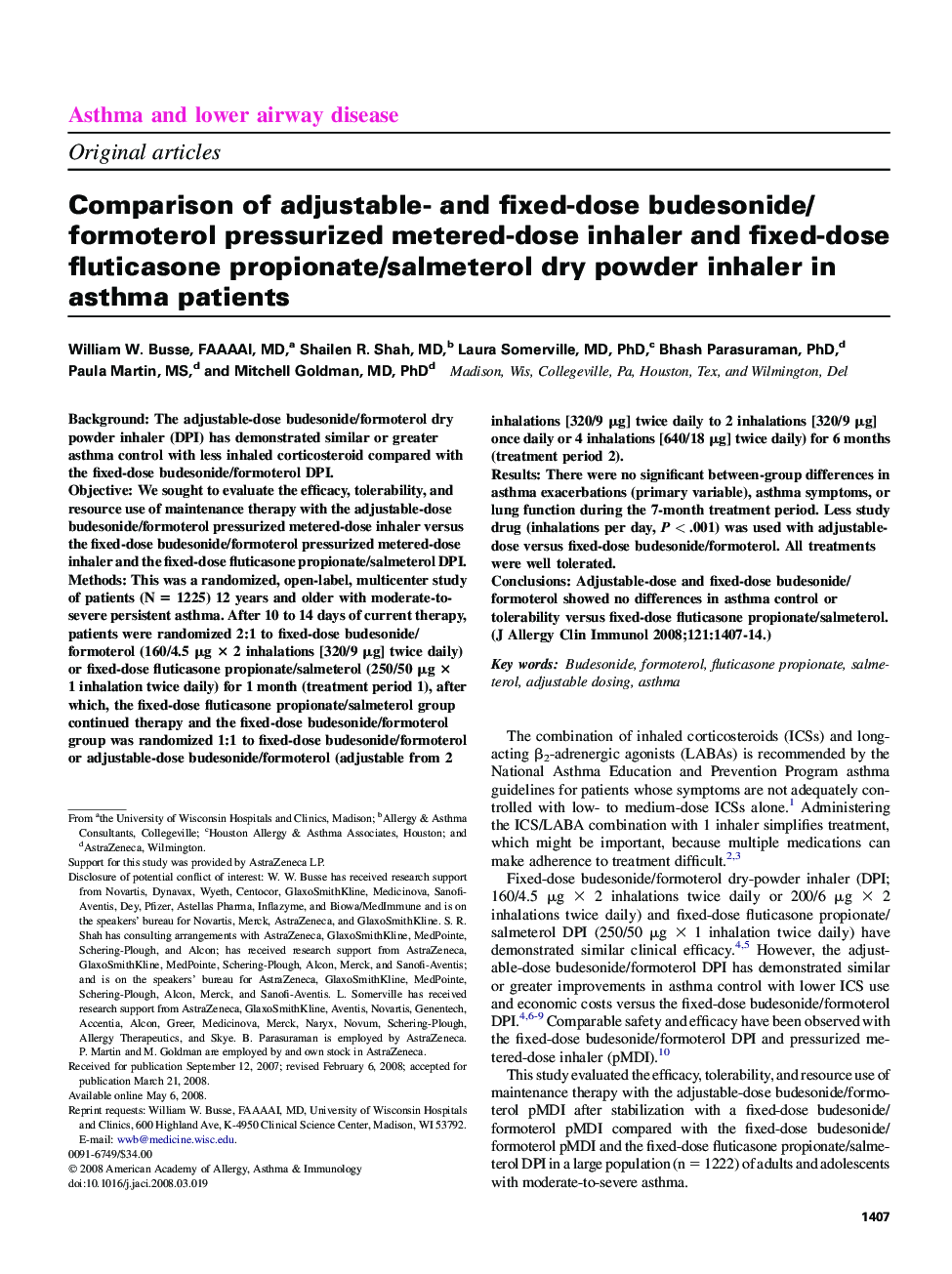 Comparison of adjustable- and fixed-dose budesonide/formoterol pressurized metered-dose inhaler and fixed-dose fluticasone propionate/salmeterol dry powder inhaler in asthma patients
