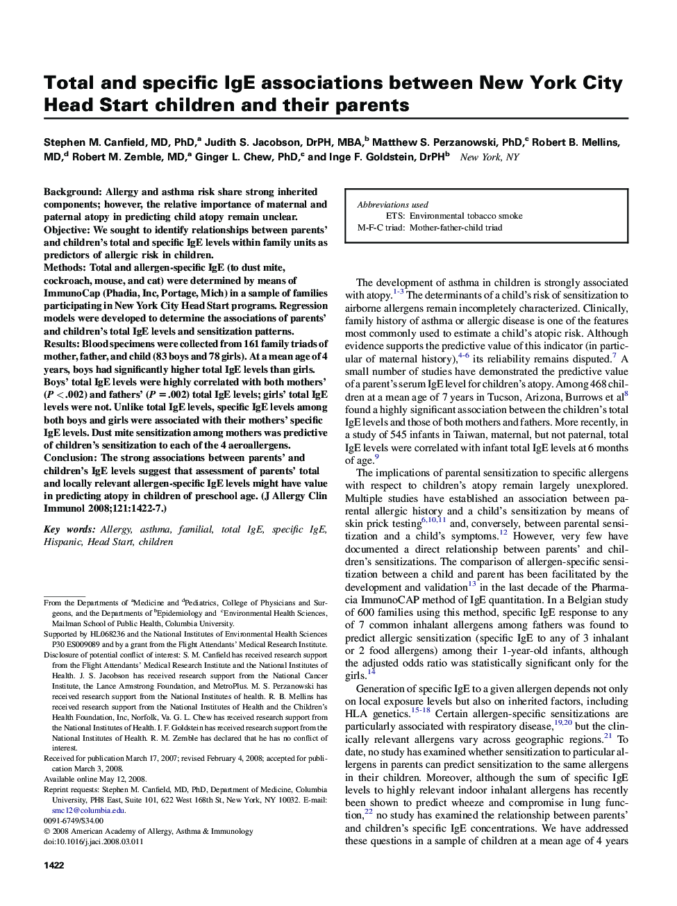 Total and specific IgE associations between New York City Head Start children and their parents